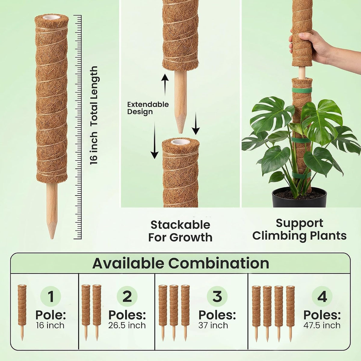 4 pack 16" moss pole plant support - stackable up to 48" - plant stakes for indoor climbing plants potted - tall coco coir pole sticks & accessories for climbing plants - view 3