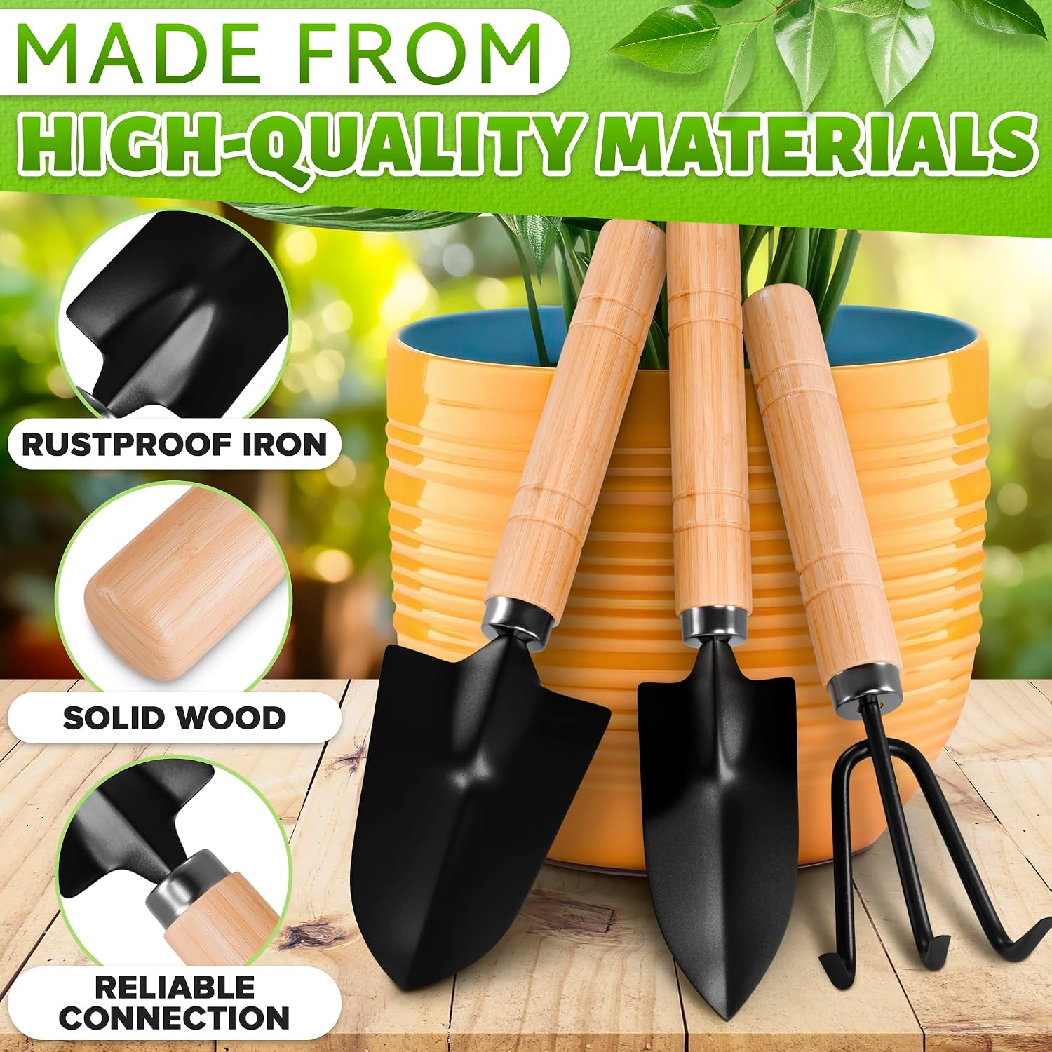 3 pcs mini garden tools, shovel, rake, wooden handles, steel heads | small gardening tools set, tiny trowel for transplanting, repotting and planting, for indoor plants, succulents and bonsai - view 3