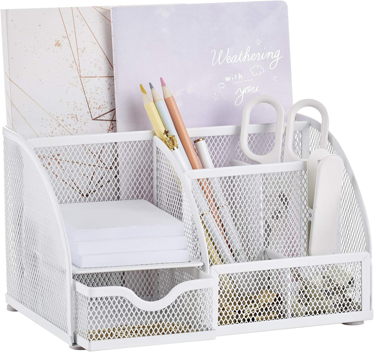 Desk Organizer 7 Compartments Metal Mesh Pen Holder Caddy White | Compact White Desktop Storage for Notes Clips Scissors Rulers Craft Tools Makeup Study and Home Use - view 8