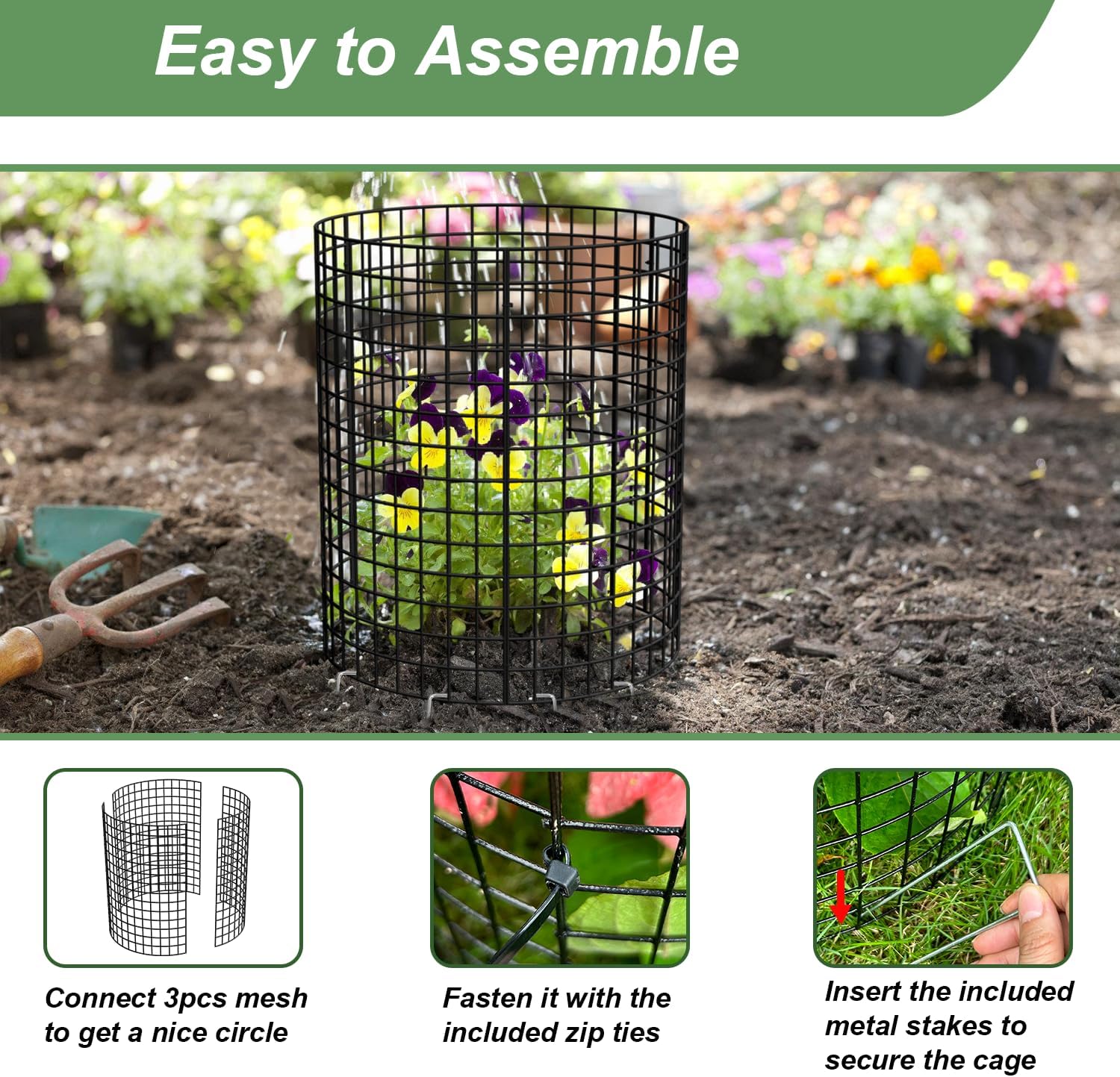 6 Pack Plant Protector from Animals, 13.5" Dia x 14" H Wire Plant Protectors, 18pcs Pre-Bent Metal Mesh to Keep Animals Out with Zip Ties & Stakes (6 Packs) - view 6