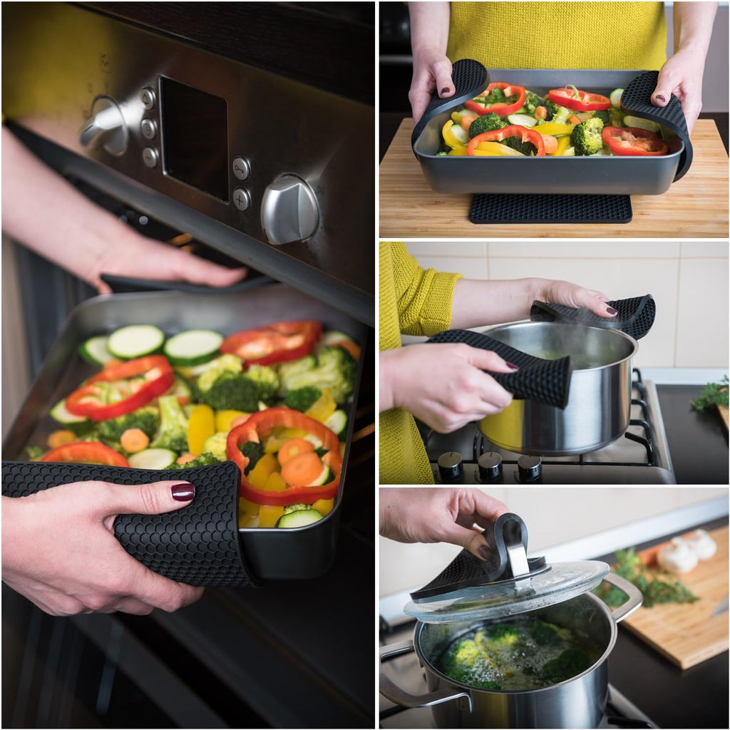 Silicone trivet for hot dishes. Silicone pot holders are heat resistant mats for countertop up to 440°F, multipurpose - non slip jar opener hot disher spoon rest food grade & BPA free (black) - view 2