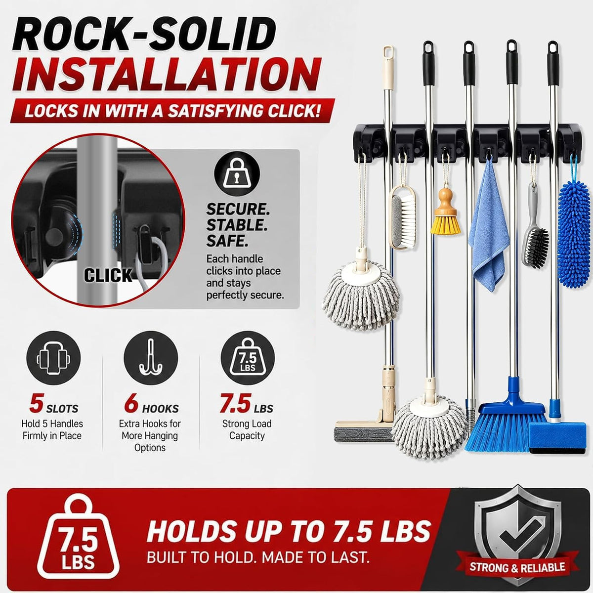 Broom Hanger Wall Mount Broom and Mop Organizer Wall Hanging Garden Tool Organizers Rack Garage Laundry Room Organizations and Storage with Hooks Heavy Duty - view 2