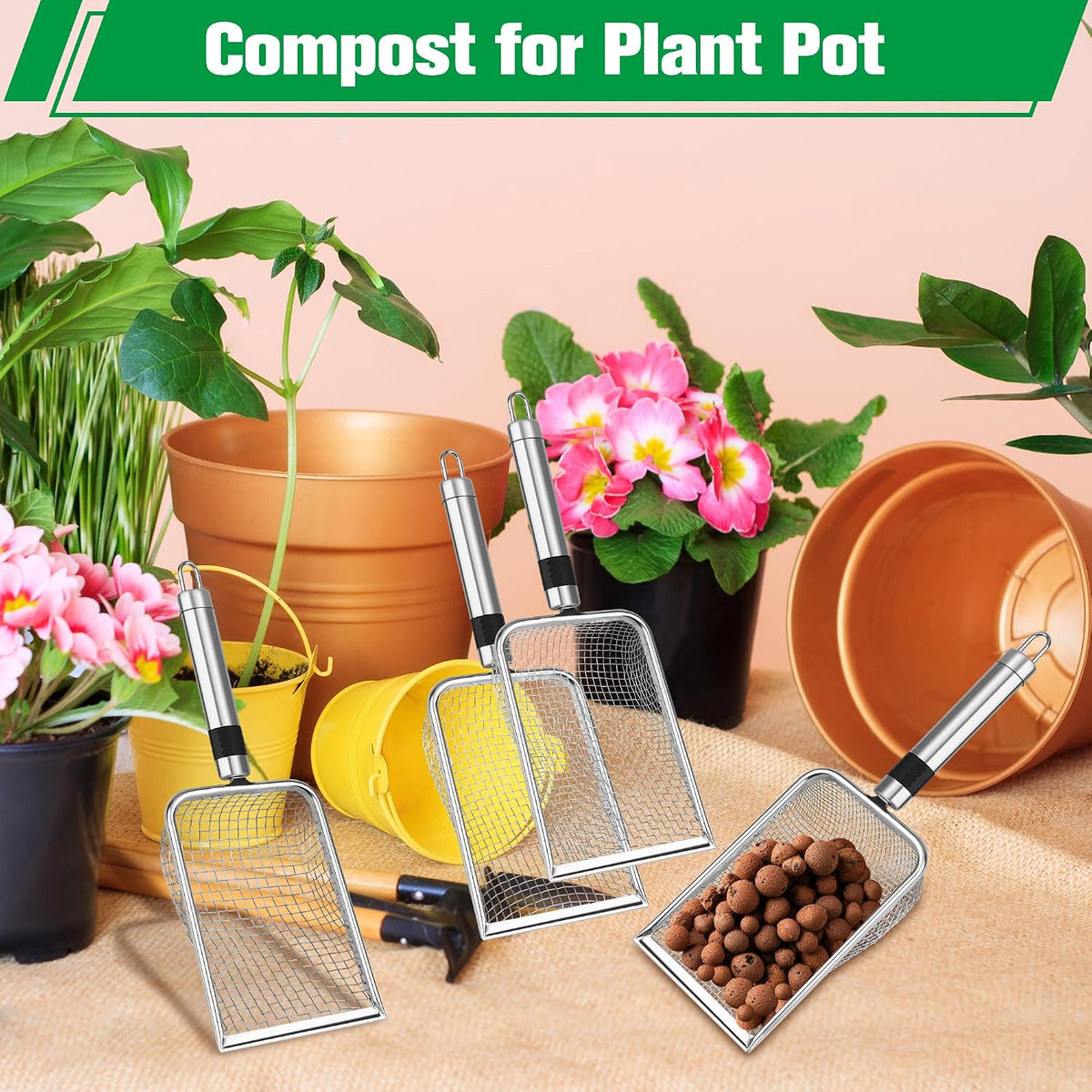 4p soil sifter for gardening, sand soil compost sieve for rocks | stainless steel, with handle (0.2/ 0.17/ 0.15/ 0.11 in mesh) - view 5