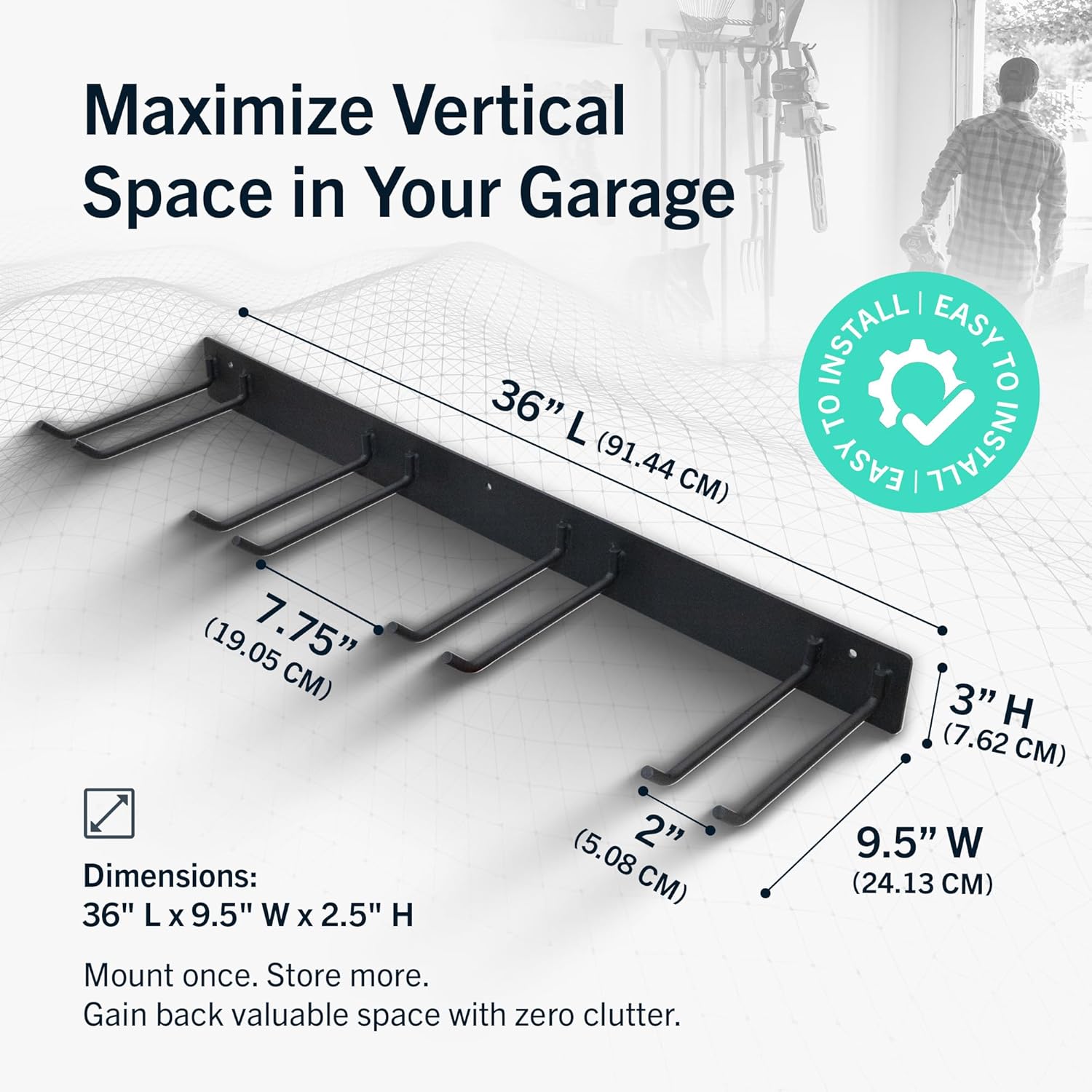 Garage Tool Organizer, 36 in, Holds 250 lb | Garden Tool Rack Wall Mount, Garden Tool Organizer, Shovel Wall Mount, Rubber Coated Hooks - view 2