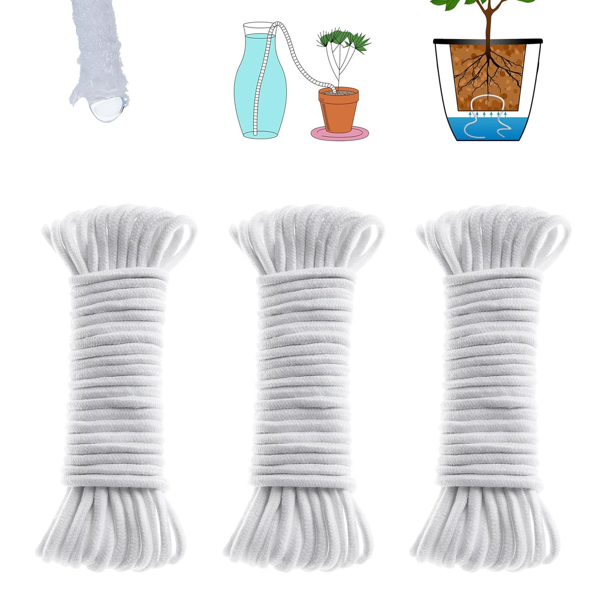 150 feet 1/4 inch Self Watering Capillary Wick Cord Vacation Plant Sitter Hydroponic Wicking Self-Watering Planter Pot Automatic Water System Device Potted Violet Auto Seedling Waterer Rope