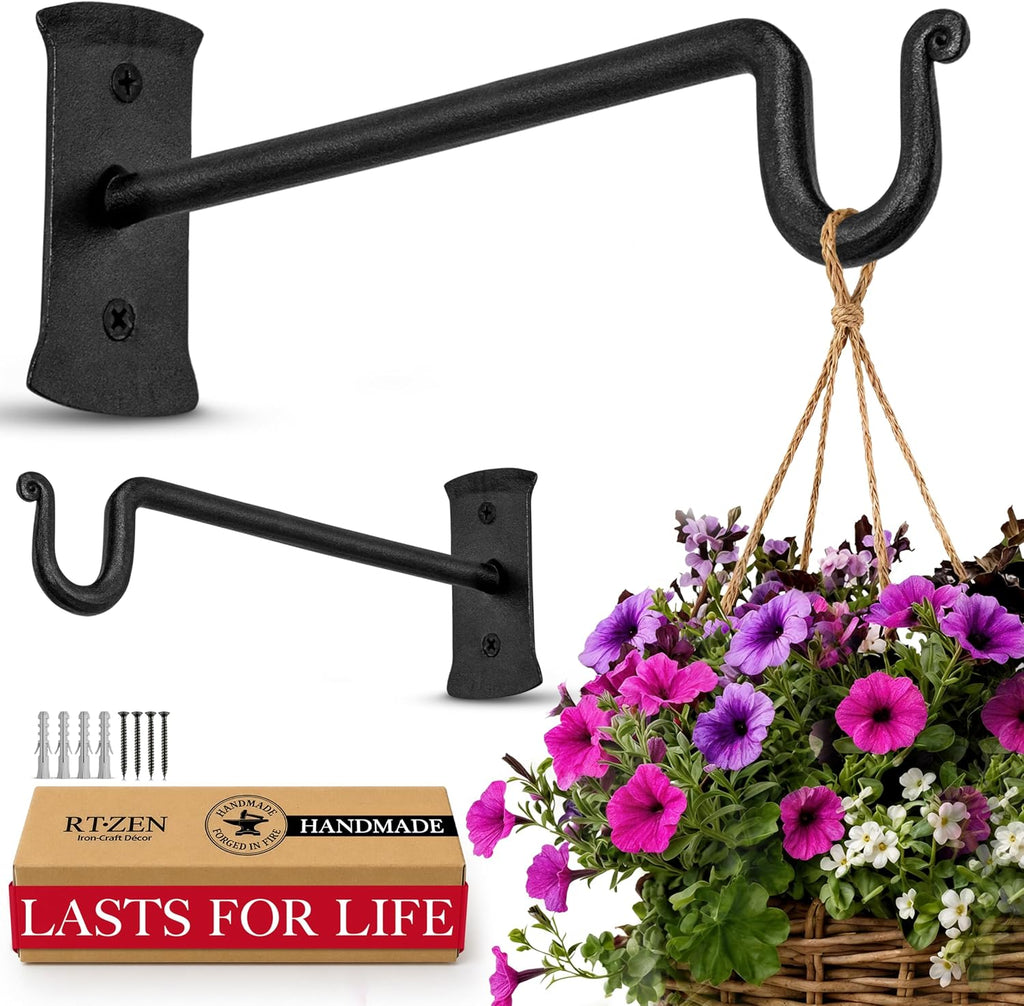 Plant Hangers Outdoor or Indoor Heavy Duty Wall Bracket Hooks | Wrought Iron Metal Hanger Indoor Hook for Hanging Plants Baskets Lanterns Bird Feeders - 2 Pack (Black Shepherds Hooks 7.5") - view 7