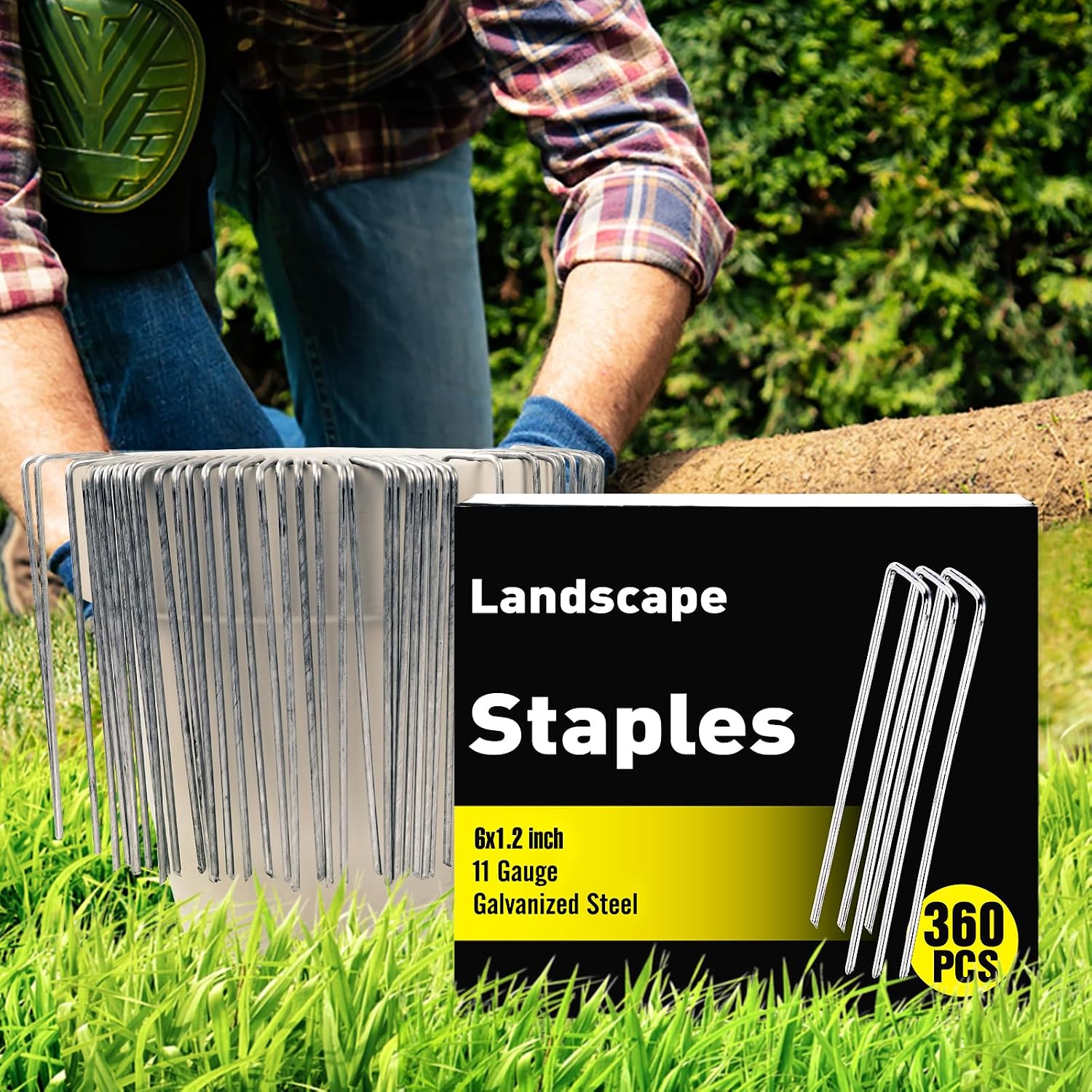 360 Pack 6 Inch Landscape Staples, Galvanized Garden Staples 11 Gauge Ground Stakes Landscaping Fabric Pins Plant Cover Stakes Yard Staples for Lawn Fence Tent Hose Drip Irrigation Tube - view 3
