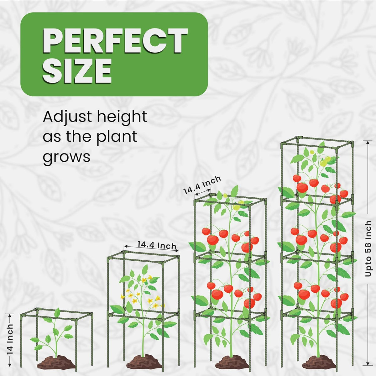 Tomato cage square - large trellis stakes and plant support structures for vegetables and climbing plants - tall tomato cages for garden, pots, raised garden bed outdoor supplies (3 pack - up to 58") - view 2
