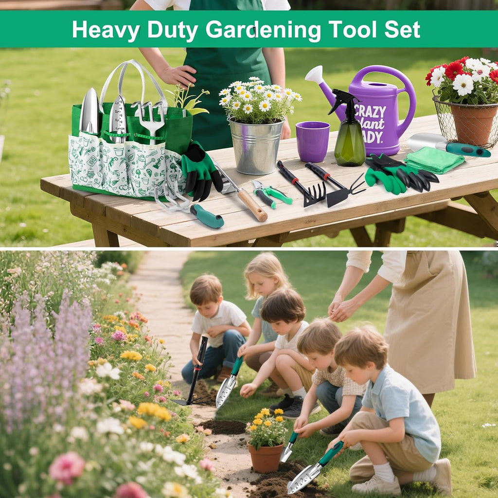 Garden Tool Set, 12-Piece Complete Stainless Steel Gardening Essentials, Heavy Duty Garden Tools with Large Storage Tote, Gardening Gifts for Women, Men, Mom & Dad Beginners Gardeners, Green - view 6