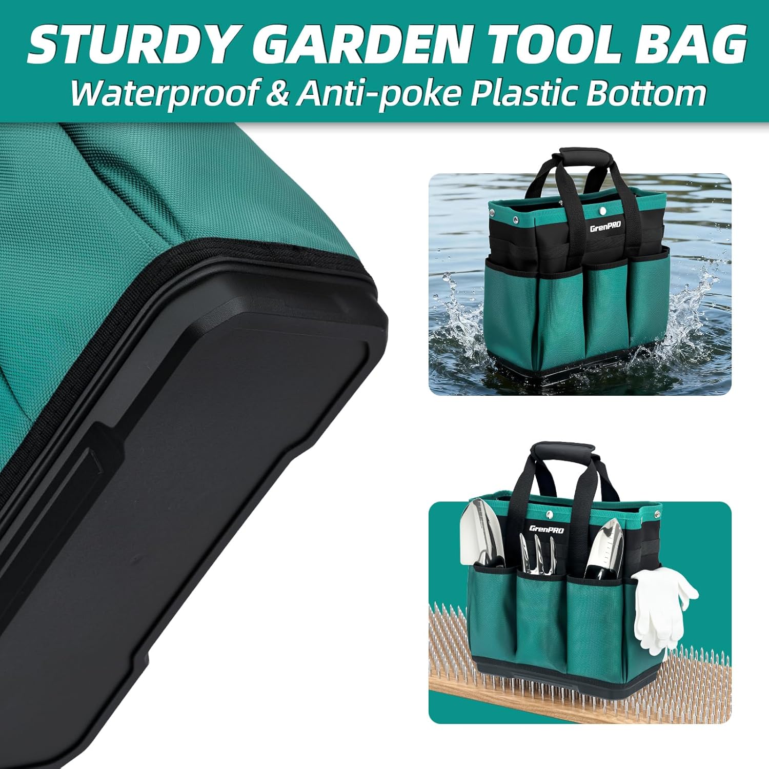 Heavy Duty Garden Tool Bag, Molded Bottom, 10 Pockets, Dark Green | Reinforced garden organizer tote stands upright with a molded base and top snap closure for tool storage. Tools not included - view 6