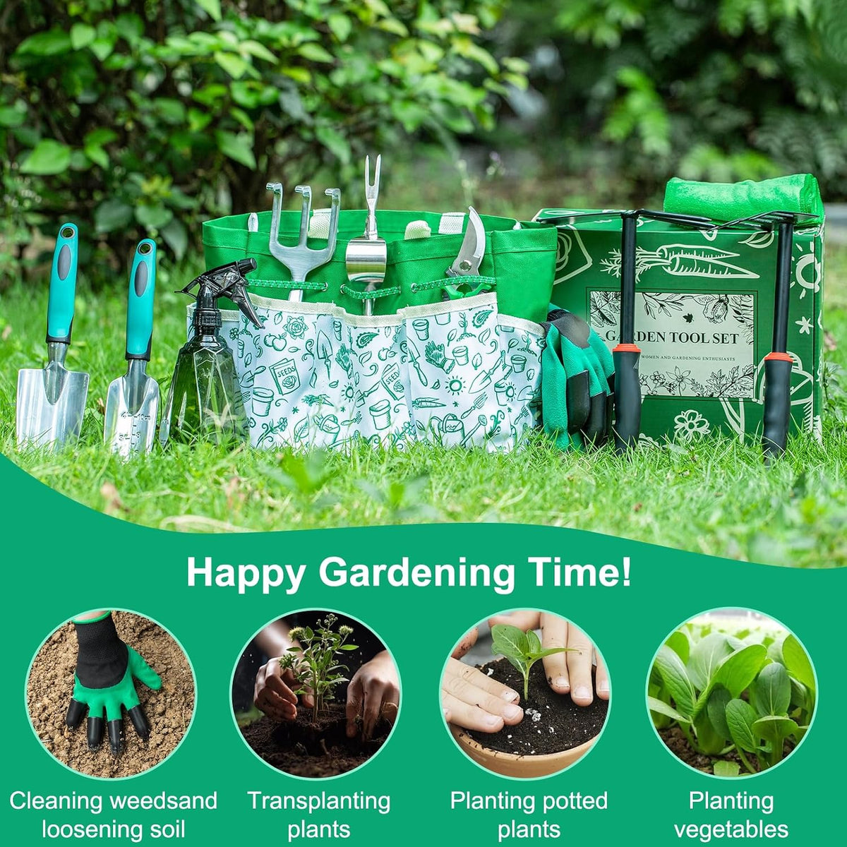 Garden Tool Set, 12-Piece Complete Stainless Steel Gardening Essentials, Heavy Duty Garden Tools with Large Storage Tote, Gardening Gifts for Women, Men, Mom & Dad Beginners Gardeners, Green - view 4