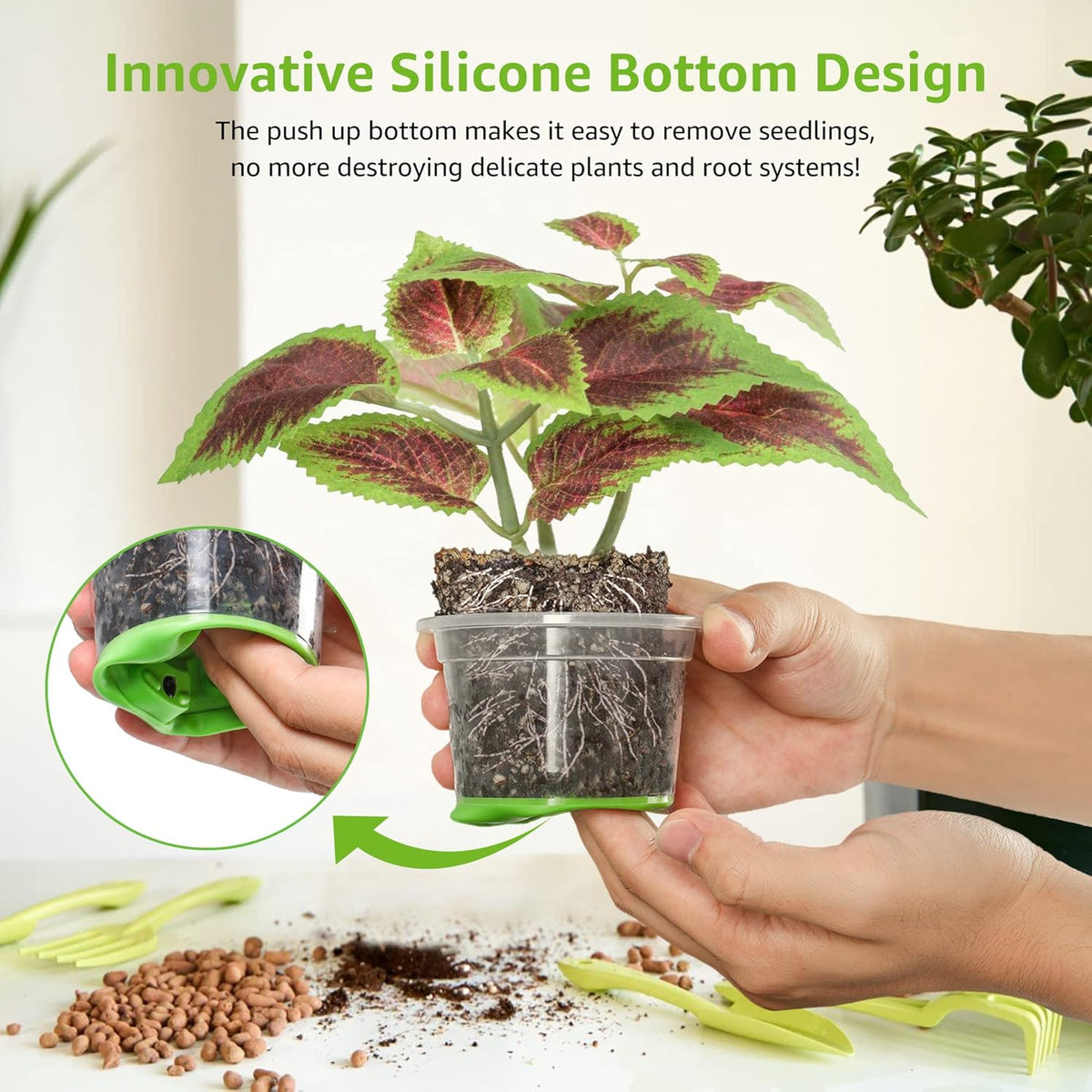 Clear Nursery Pots with Silicone Base, 4-Inch, 30-Pack | Sturdy Construction, Flexible Base, Drainage Holes, Root and Soil Visibility, Reusable, Seed Starting, Propagation, Green - view 3
