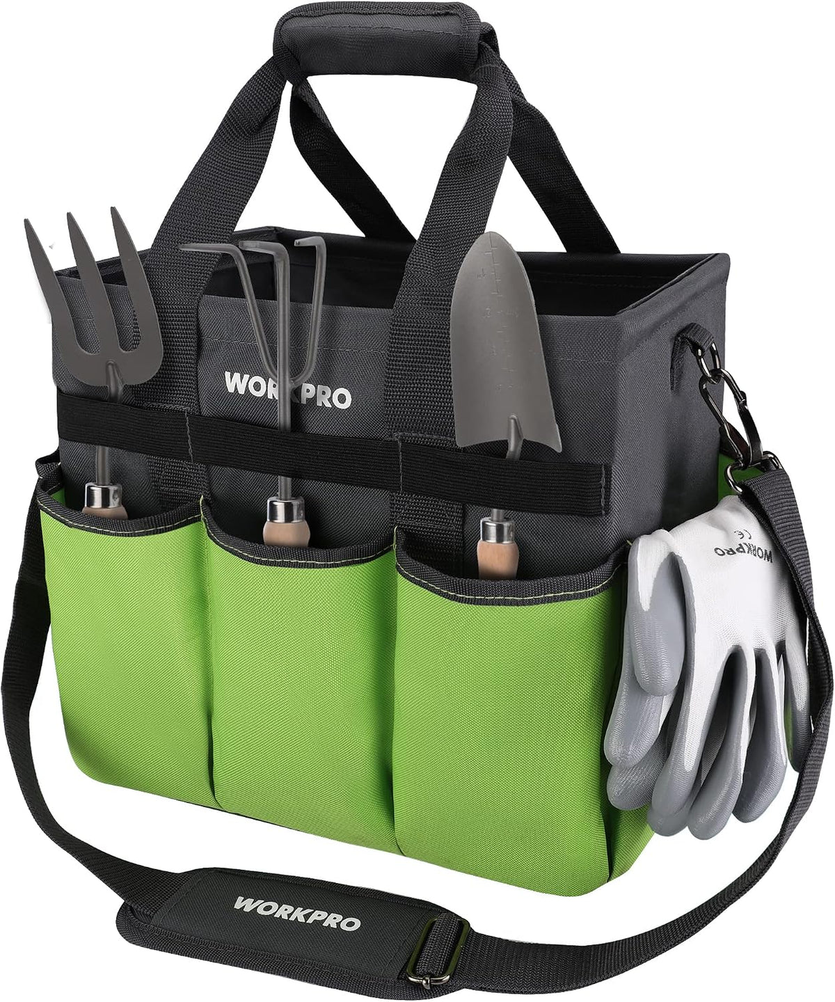 Garden Tool Bag, 10 Pockets and Shoulder Strap, Green | Heavy Duty Gardening Organizer Tote Bag, Standable Garden Tool Organizer (Tools not Included)