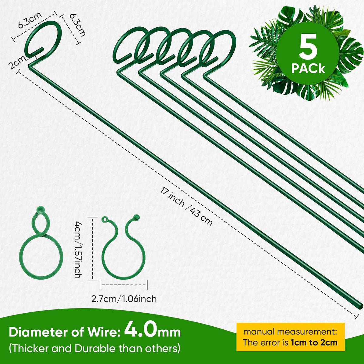 17 inch Plant Support Stakes, 4mm Thick Garden Single Stem Flower Support Stake Amaryllis Plant Cage Support Rings with 10 pcs Plant Clips for Tomato Orchid Lily Peony Rose Flower Stem-5 Pack - view 4