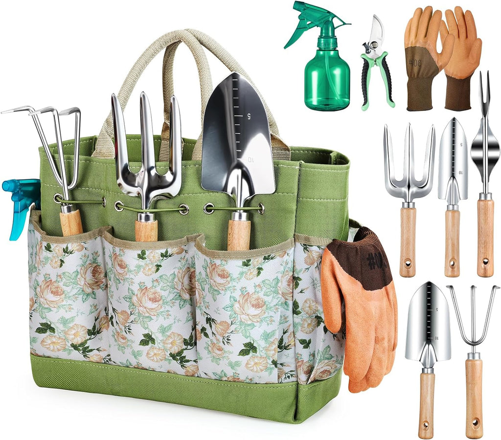 Heavy Duty Gardening Tools with Handbag, Gardening Gifts for Women | Rust-Resistant Steel Garden Tool Sets for Women, Men, Durable, Ergonomic Wooden Handle, Idea for Planting Work