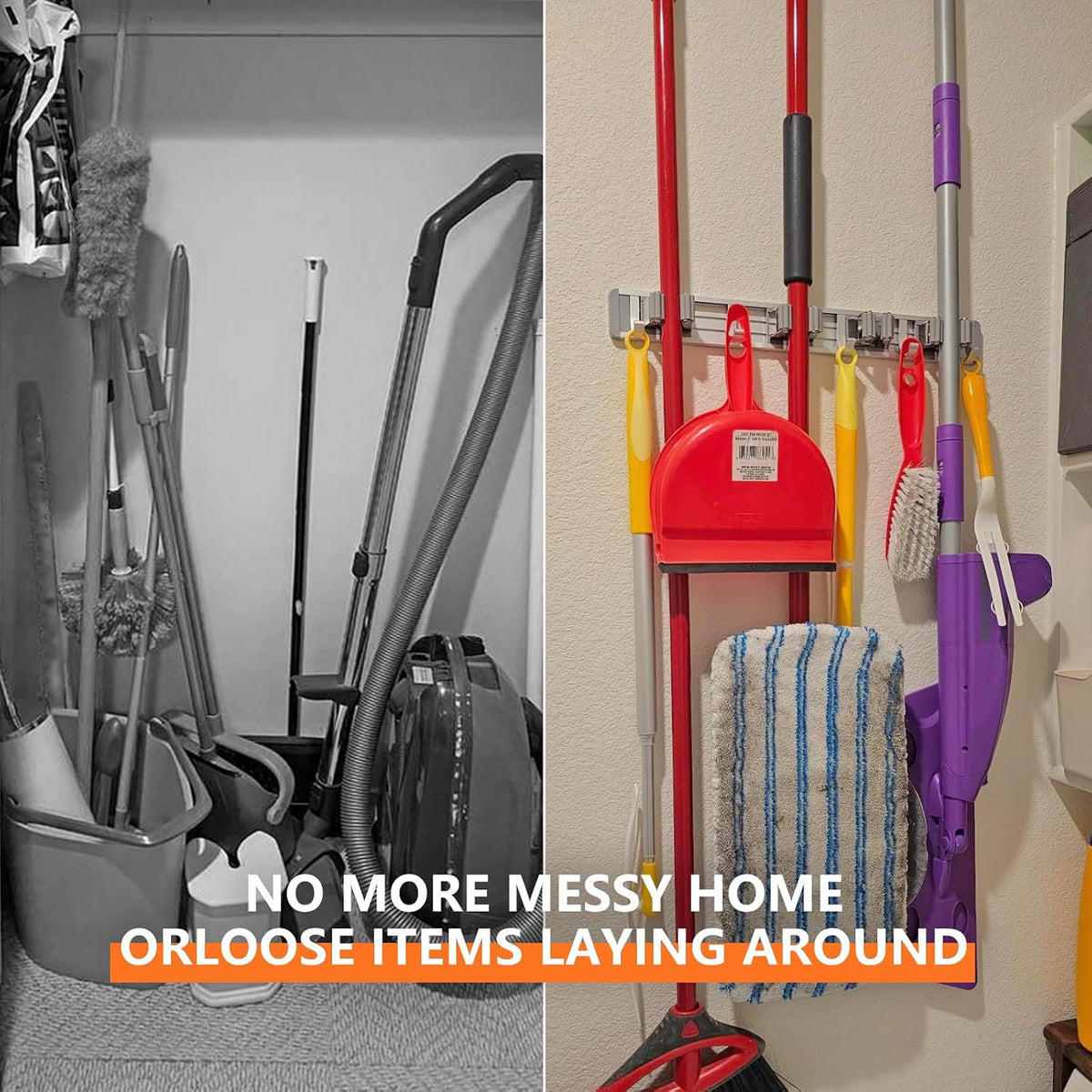 Broom Holder Wall Mount Mop Hanger Tools organizer 4Racks 5Hooks | Adjustable Mop Broom Wall Hanging Heavy duty Tools Storage Rack Space-saving for Garage,Kitchen,Laundry Room,Garden, Silver - view 4