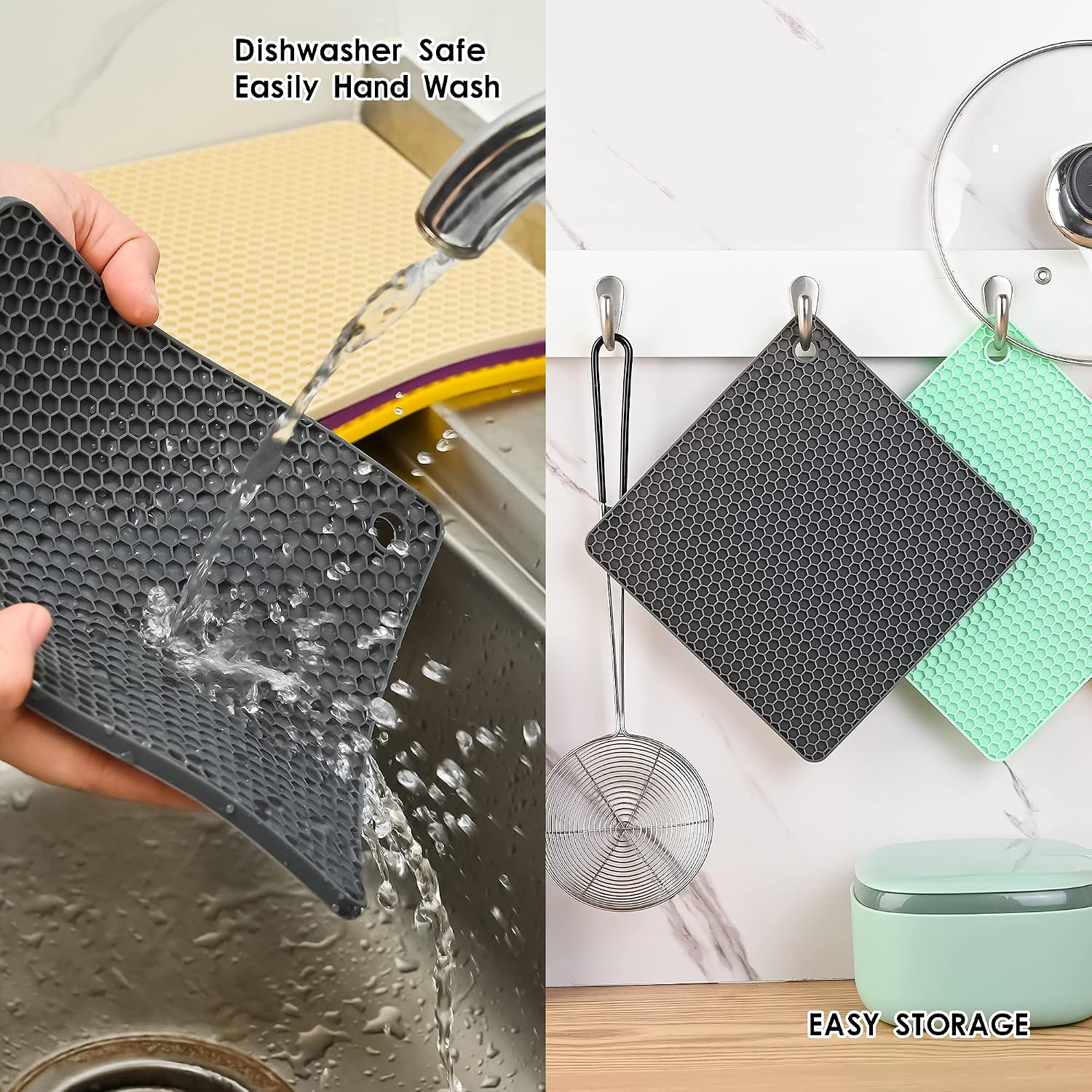 Silicone trivets mats set, silicone hot pads pot mat for countertop, trivet pads heat resistant, table placemats, square small drying mats, 4 pack, black trivets - view 7