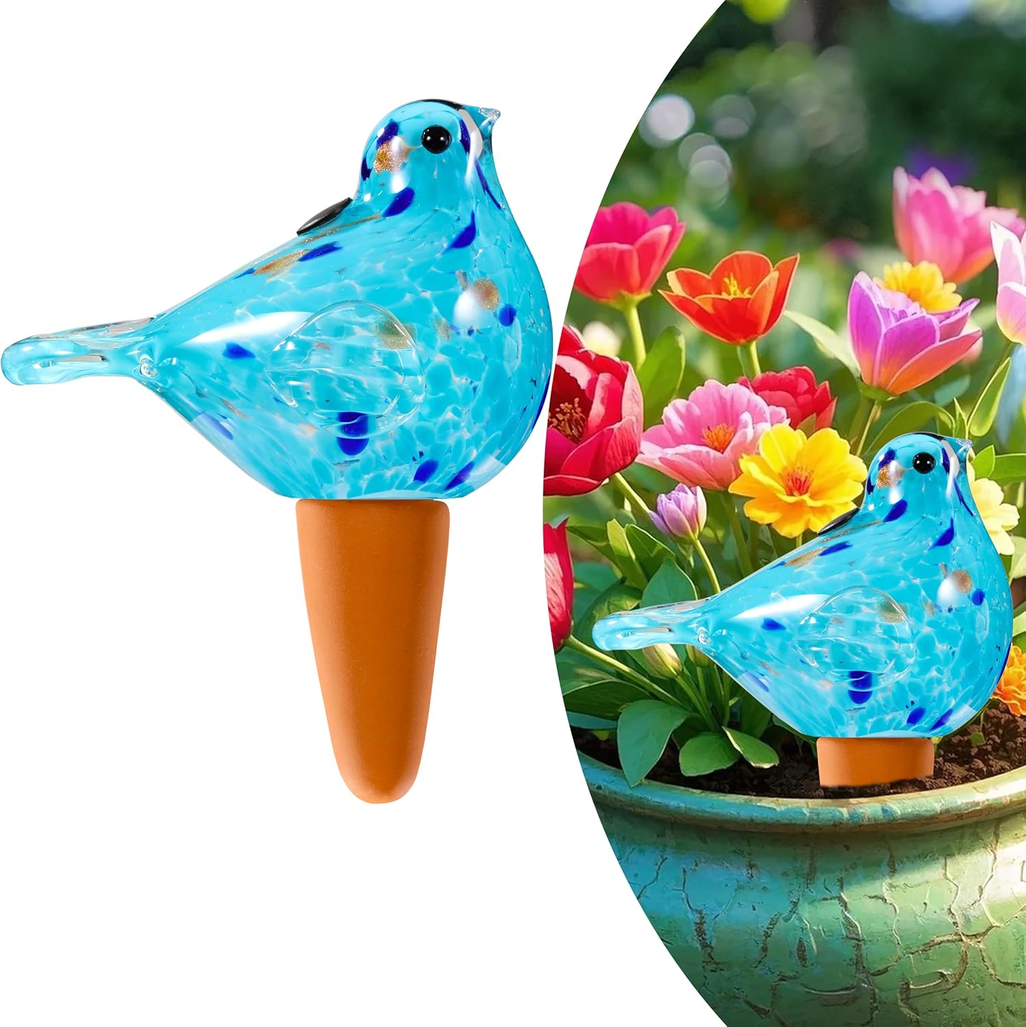 Glass bird shaped plant watering ball glass automatic watering ball flower pot insertion spike drip irrigation device watering ball irrigation system plant enthusiast gift (light blue)