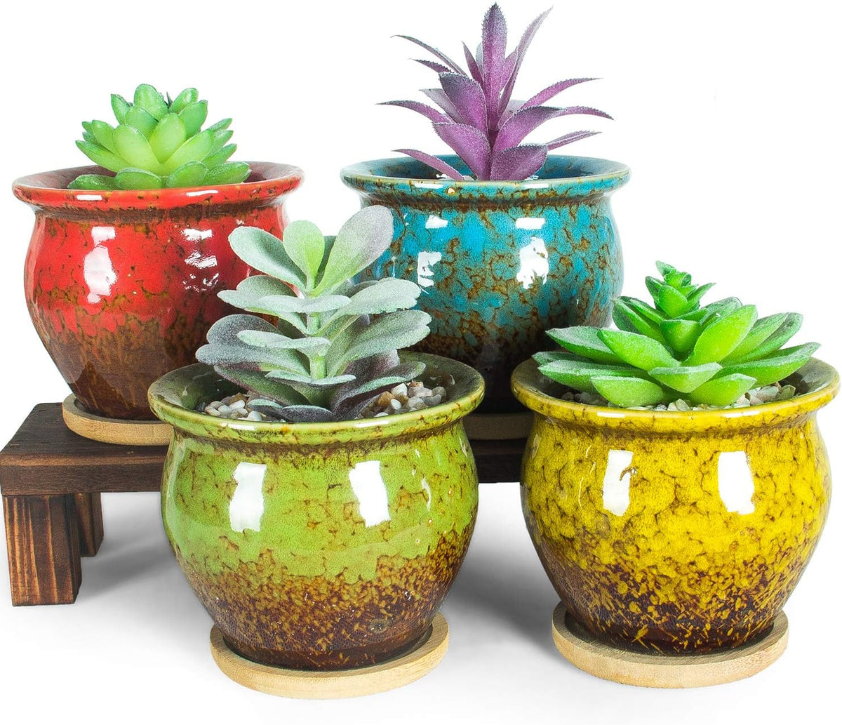 Succulent pots, 4.5 inch small plant pots with drainage tray | ceramic planters for indoor plants colorful cactus flower planter, gifts for women - view 3