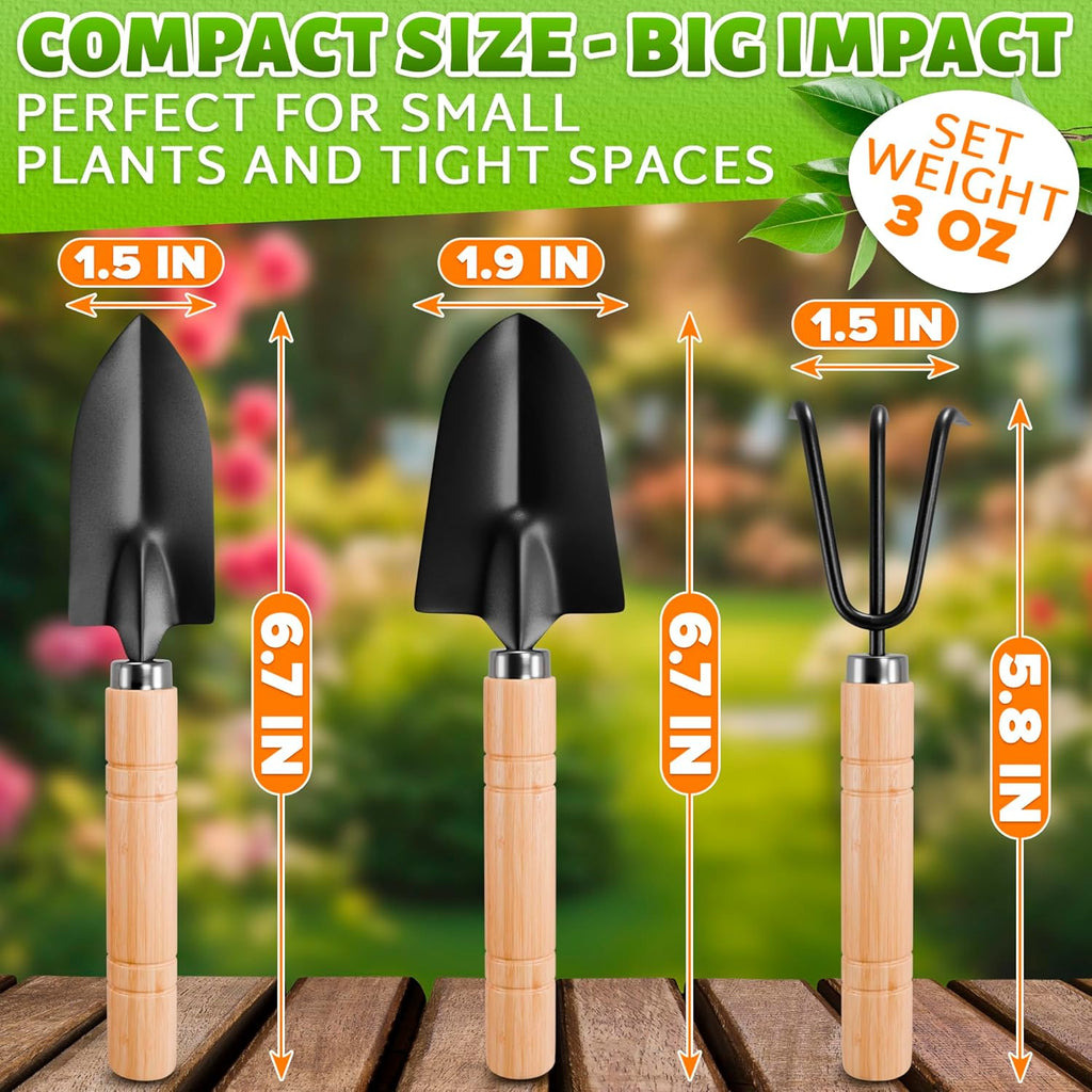 3 pcs mini garden tools, shovel, rake, wooden handles, steel heads | small gardening tools set, tiny trowel for transplanting, repotting and planting, for indoor plants, succulents and bonsai - view 2