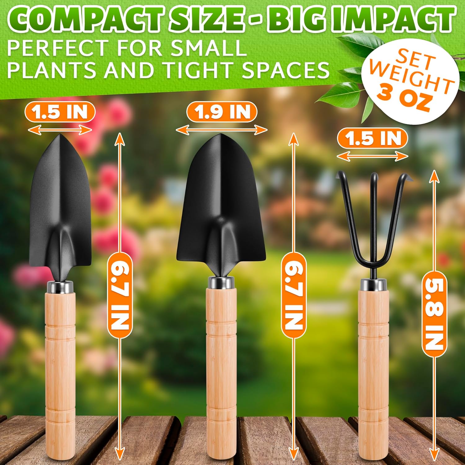 3 pcs mini garden tools, shovel, rake, wooden handles, steel heads | small gardening tools set, tiny trowel for transplanting, repotting and planting, for indoor plants, succulents and bonsai - view 2