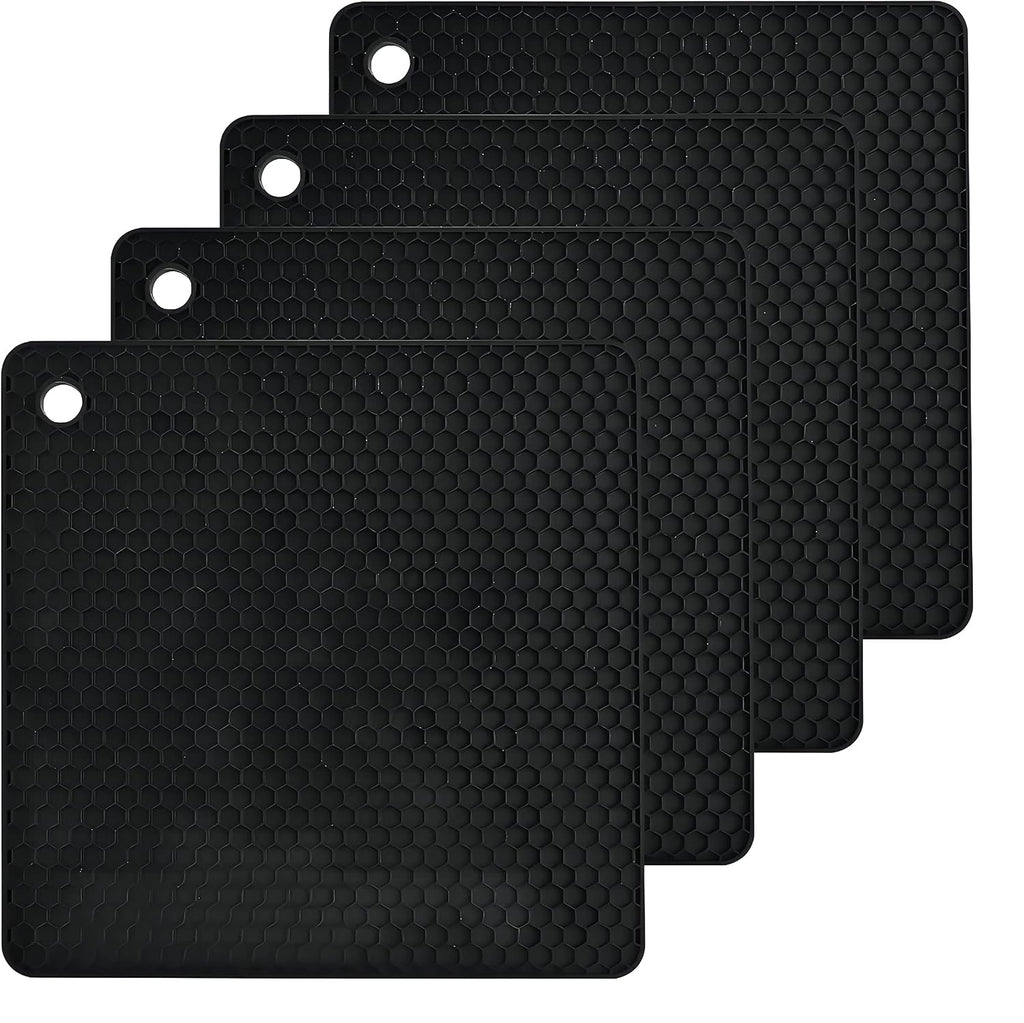 Silicone trivets mats set, silicone hot pads pot mat for countertop, trivet pads heat resistant, table placemats, square small drying mats, 4 pack, black trivets