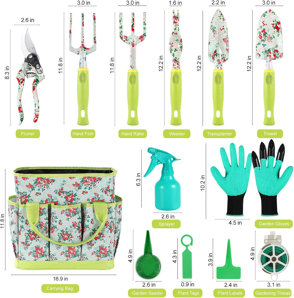 Gardening Tool Set - 13 PCS Heavy Duty Aluminum Gardening Tools Kit Floral Print Garden Tool Set with Non-Slip Rubber Handle & Durable Storage Tote Bag Gardening Supplies Gifts for Women Men - view 3