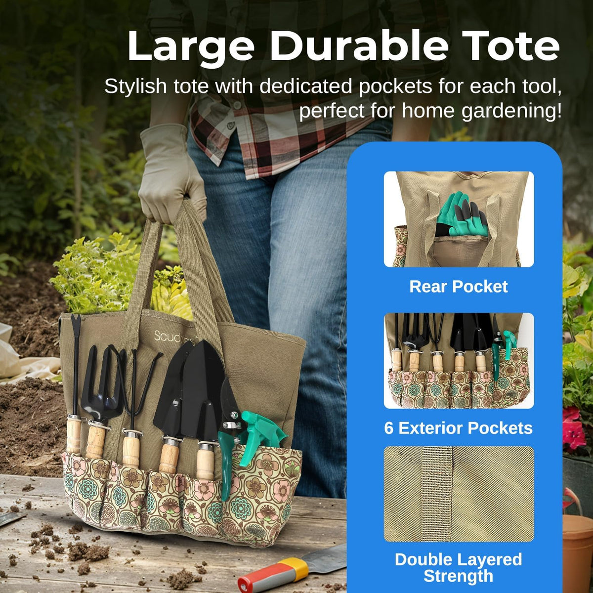 All-in-One Garden Tool Kit with Tote Bag and Claw Garden Gloves | Stainless steel hand tools, claw gloves and reinforced tote for planting, pruning, digging and garden maintenance - view 2