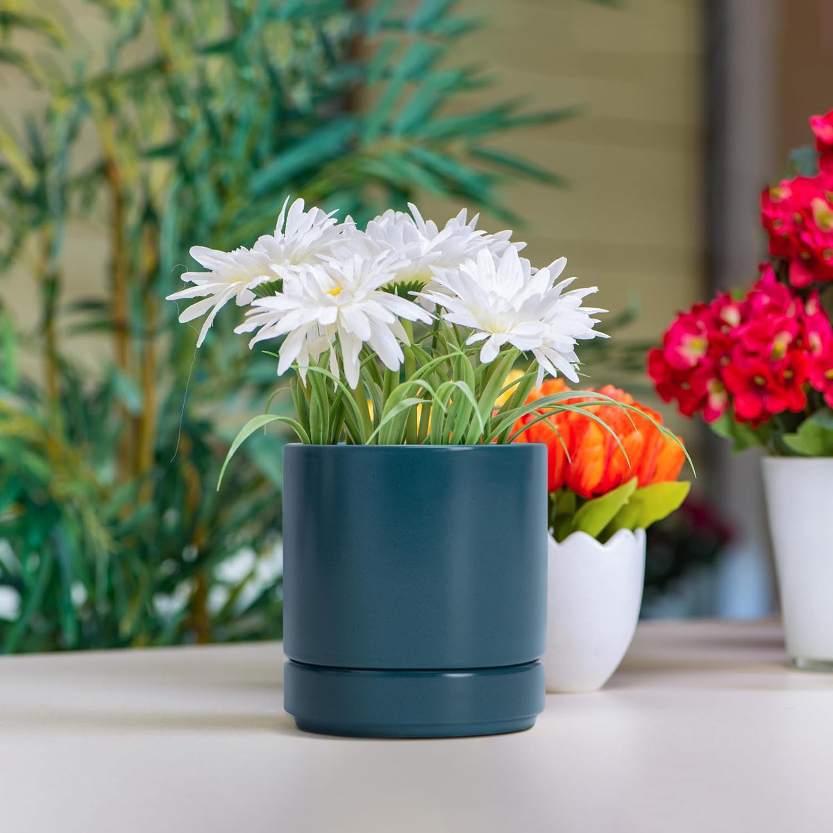 4.7 Inch Ceramic Planter Pot, Teal, 94-O-B-9 | Modern Cylinder Design, Drainage Hole & Saucer Included, Stable Structure, Elegant Home Accent - view 6