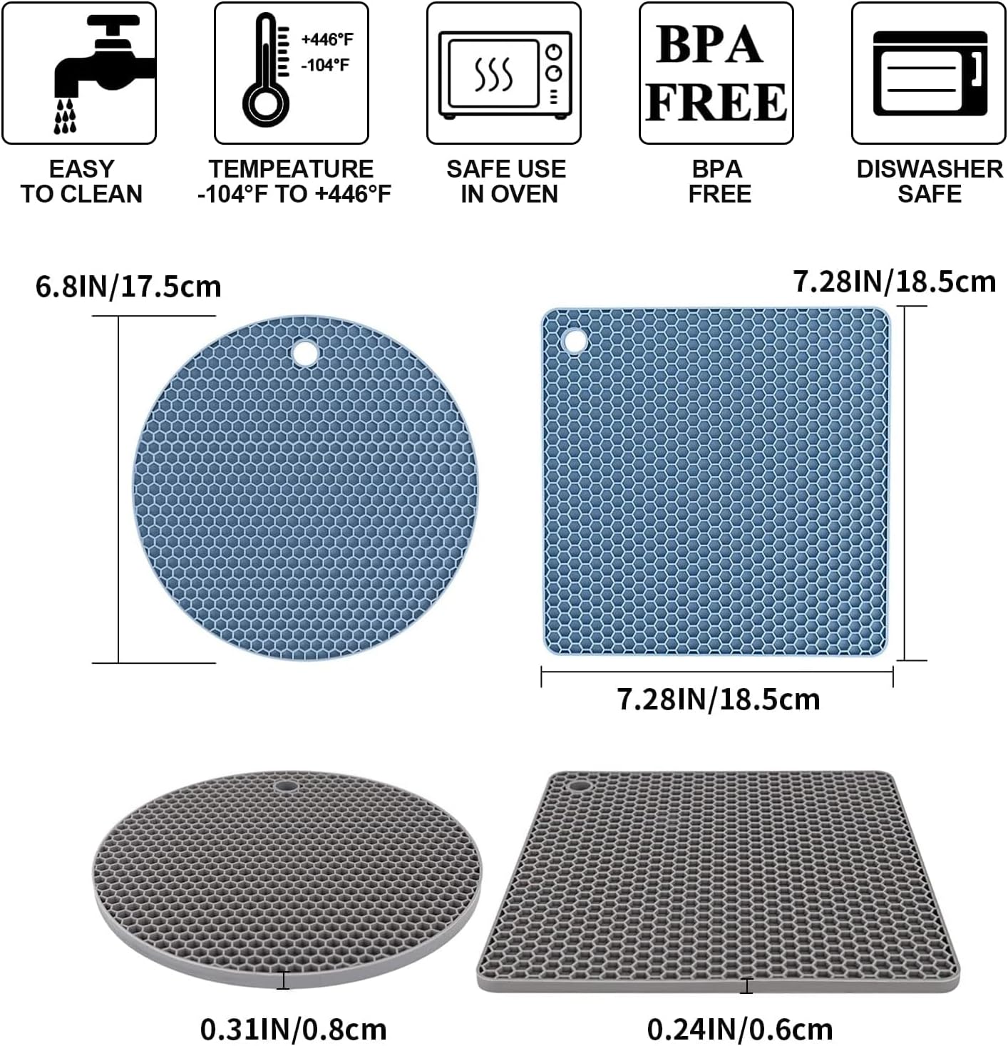 Trivets for hot dishes, 4 pack silicone hot pads for kitchen, non-slip heat resistant silicone mat for countertops, spoon rest, multipurpose food grade thick trivet (gray & blue) pot holders - view 6