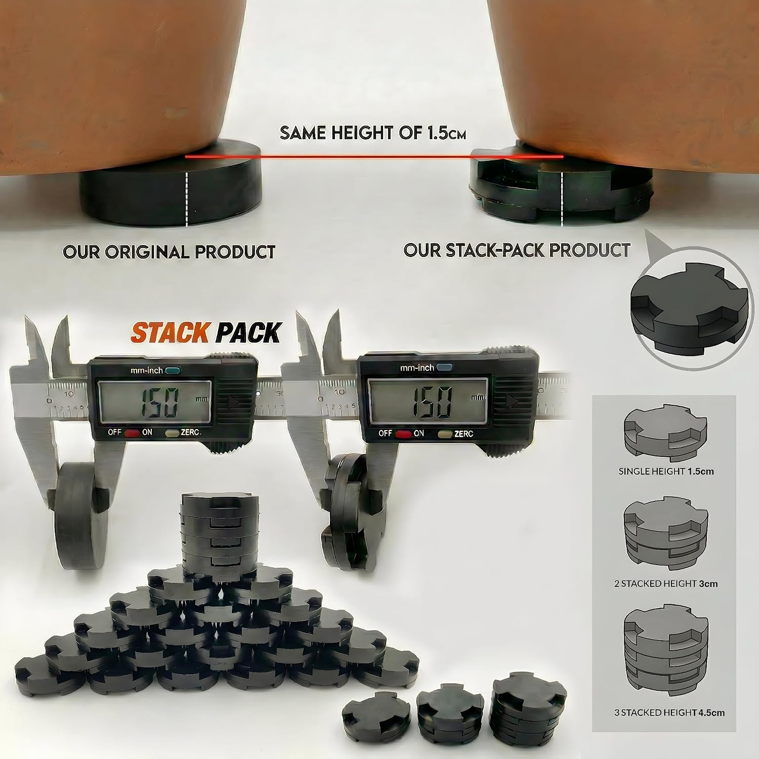 Stack Pack Plant Pot Feet, Outdoor Pot Feet, 24 Pack | EPDM rubber stackable pot risers, adjustable height, patios, decks, balconies and garden planters - view 6