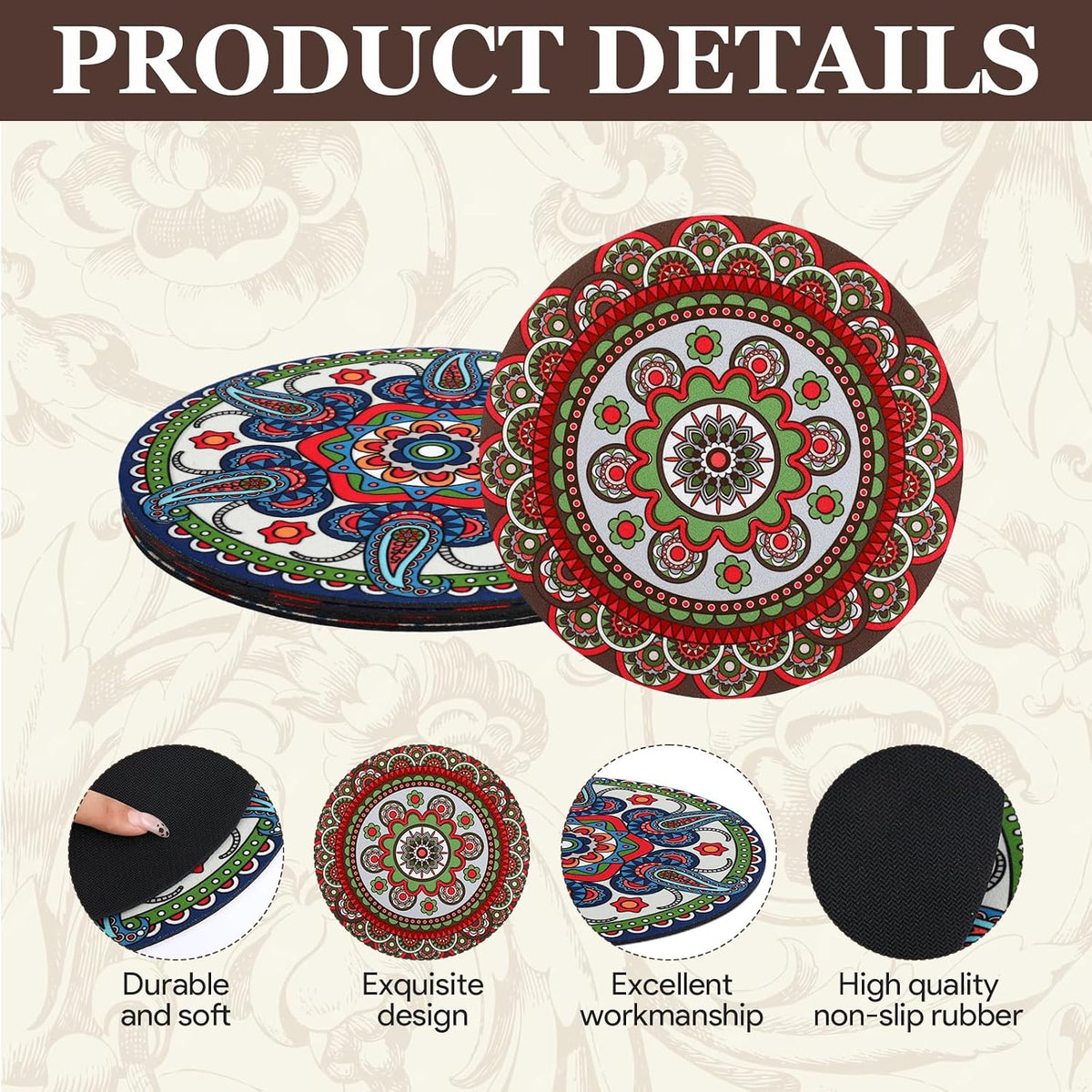 8 Pcs Boho Plant Pot Mat Plant Saucers for Indoors 2 Size 8.66" and 4.72" | Rubber Coaster Floor Protectors for Potted Plant Absorbent Non Slip Round Pad Gardening Indoor Outdoor Flower Protector Light - view 3