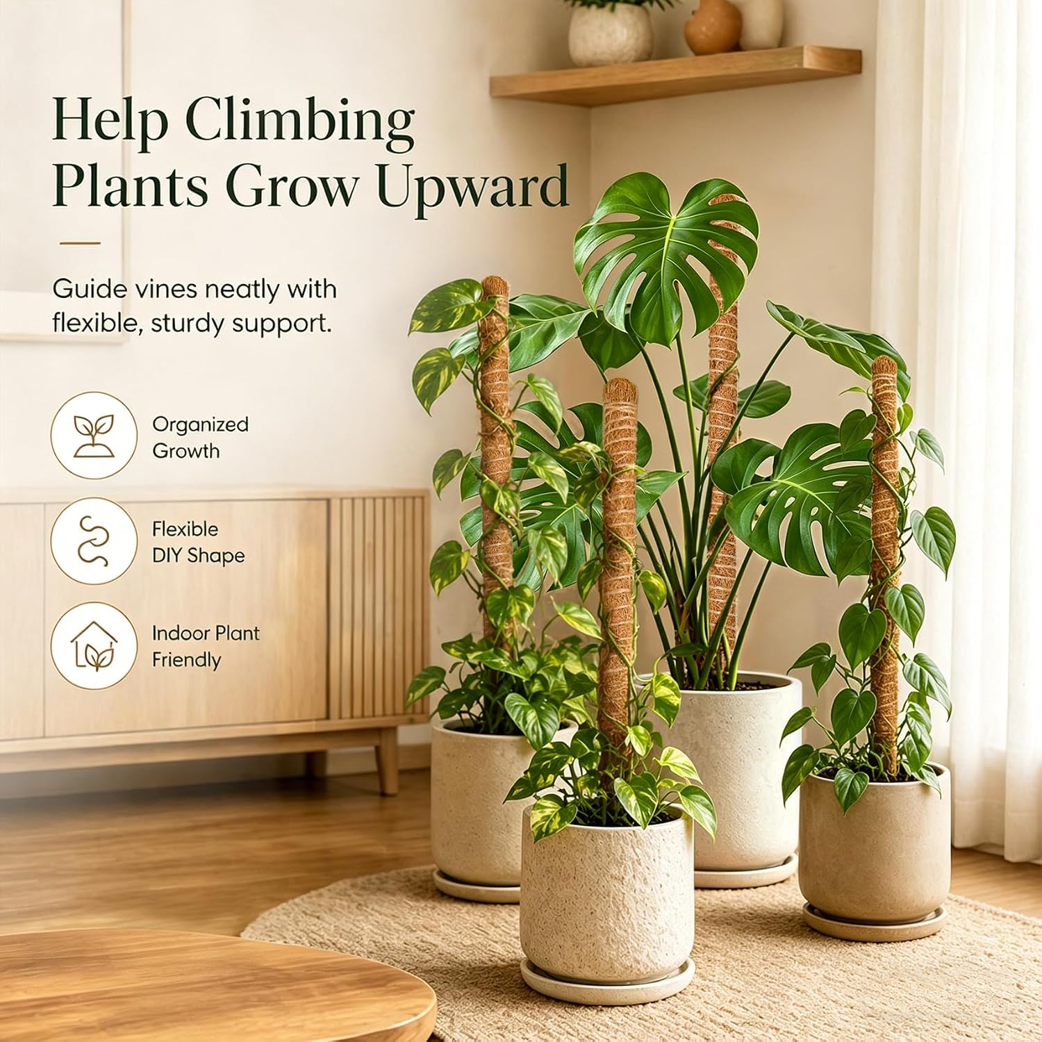Moss pole monstera plant support, 28 inch bendable coir pole for climbing plants, heavy-duty trellis plant sticks for indoor potted plants, includes jute rope & straps - view 3