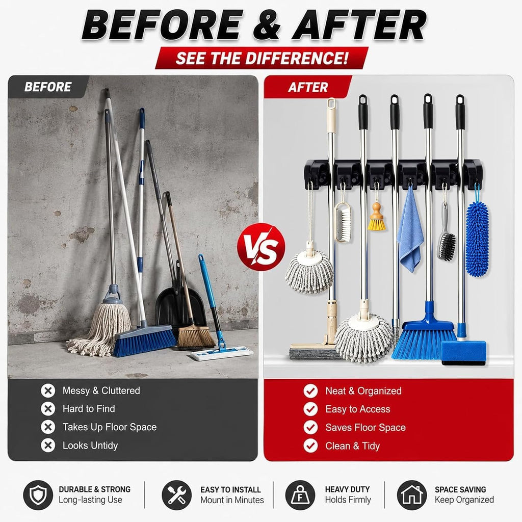 Broom Hanger Wall Mount Broom and Mop Organizer Wall Hanging Garden Tool Organizers Rack Garage Laundry Room Organizations and Storage with Hooks Heavy Duty - view 3