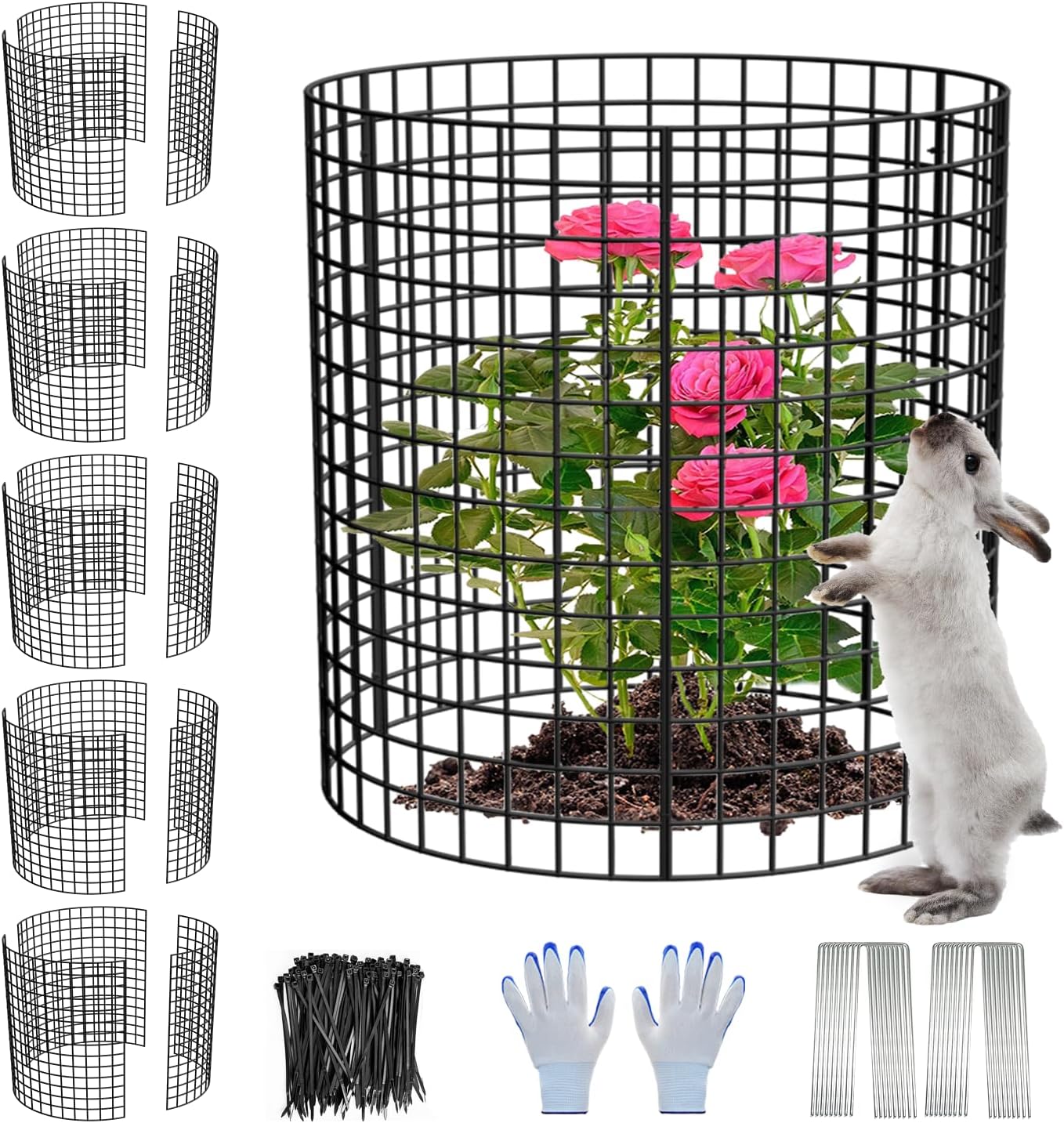 6 Pack Plant Protector from Animals, 13.5" Dia x 14" H Wire Plant Protectors, 18pcs Pre-Bent Metal Mesh to Keep Animals Out with Zip Ties & Stakes (6 Packs)