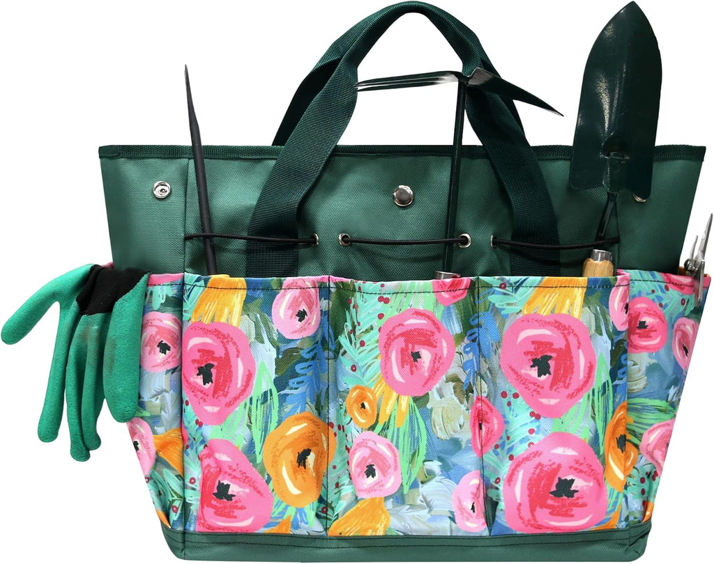 Waterproof Garden Tool Bag, 600D Oxford Portable Gardening Tote with Handle & Multi Pockets, Ideal Gifts for Parents Women (Green Flower, Tools Not Included) - view 8