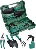 Garden tool set - 5-piece durable gardening hand tools - 3x12x7-inch gardening kit with portable box and carrying case - small garden planting and essentials tools - gift for garden lovers