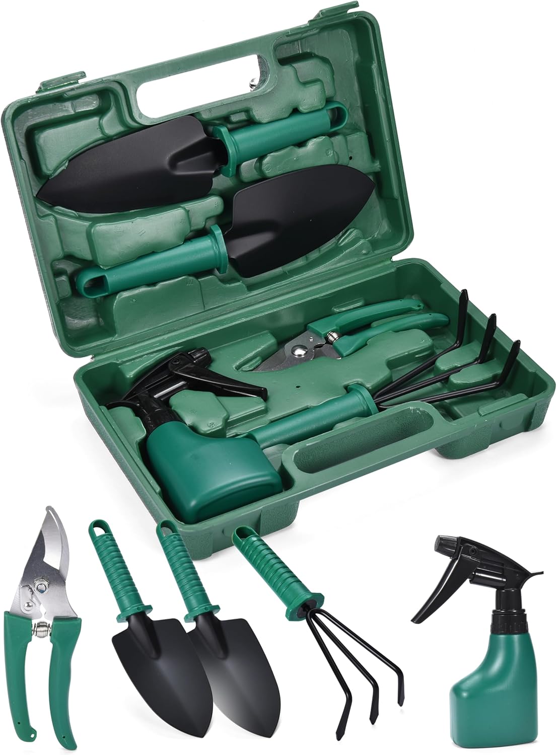 Garden tool set - 5-piece durable gardening hand tools - 3x12x7-inch gardening kit with portable box and carrying case - small garden planting and essentials tools - gift for garden lovers