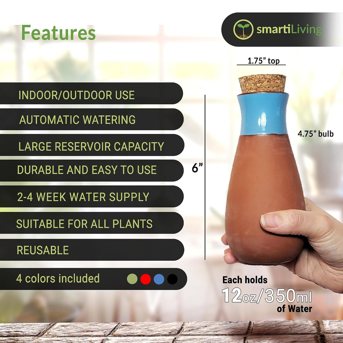 Ollas (set of 4) | 12oz terracotta plant watering globes - self watering planter insert - automatic plant watering devices | vacation watering pots for indoor & outdoor plants - view 3