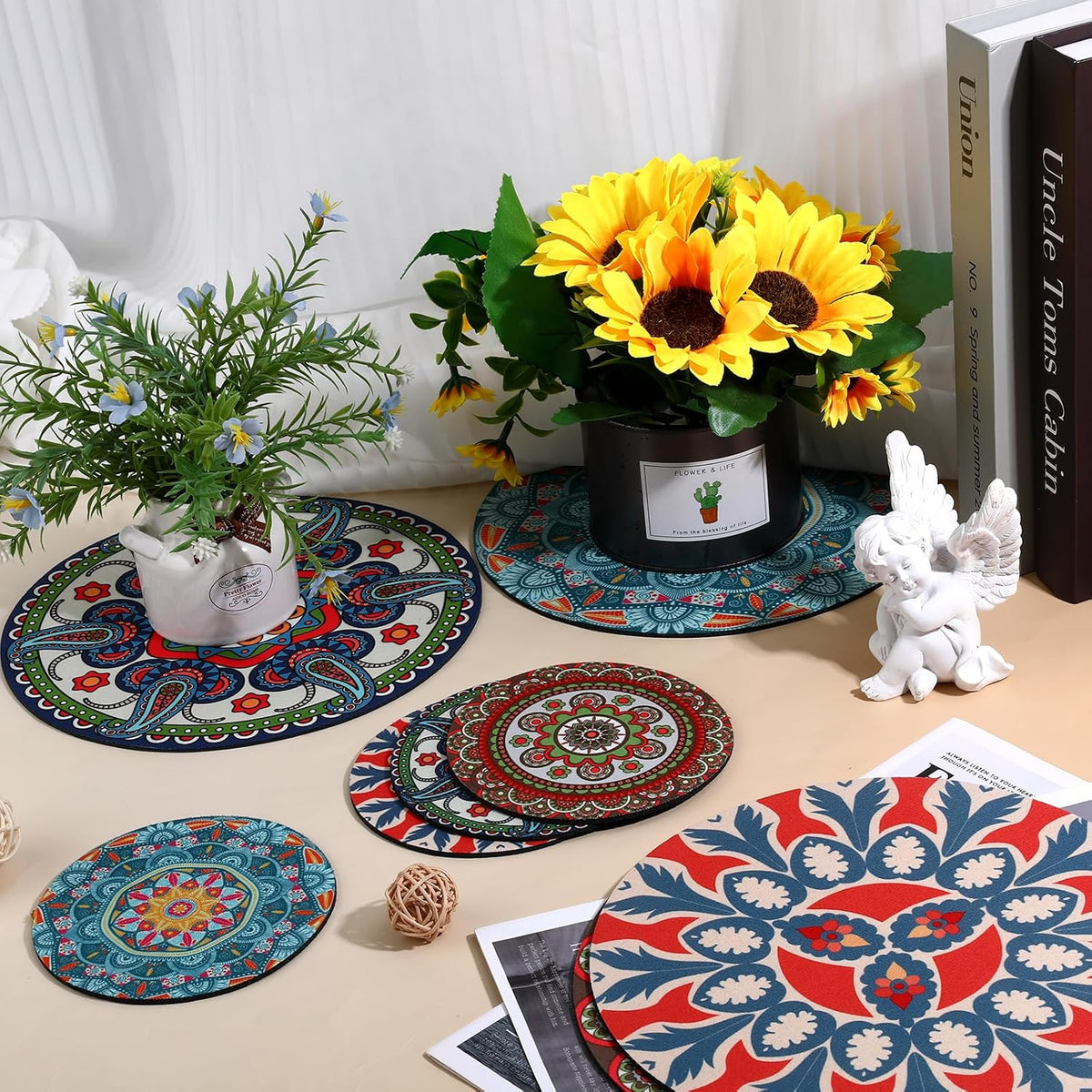 8 Pcs Boho Plant Pot Mat Plant Saucers for Indoors 2 Size 8.66" and 4.72" | Rubber Coaster Floor Protectors for Potted Plant Absorbent Non Slip Round Pad Gardening Indoor Outdoor Flower Protector Light - view 4