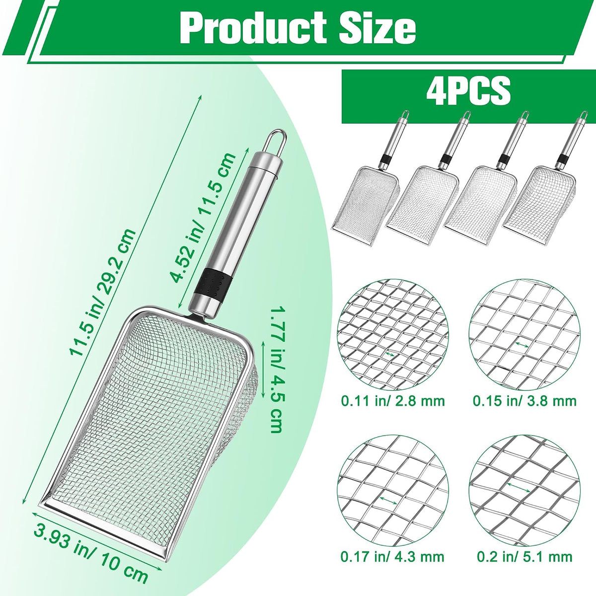 4p soil sifter for gardening, sand soil compost sieve for rocks | stainless steel, with handle (0.2/ 0.17/ 0.15/ 0.11 in mesh) - view 2