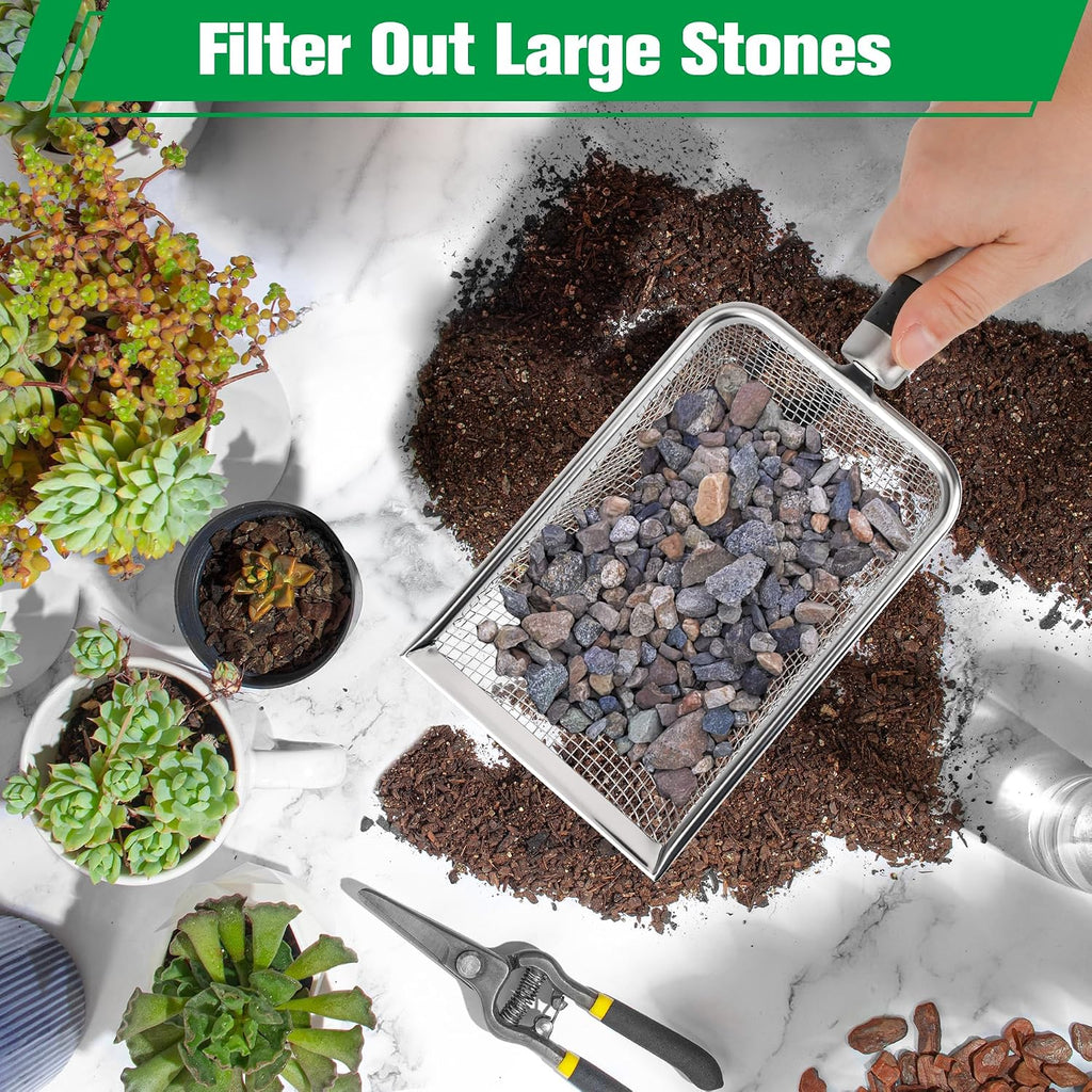 4p soil sifter for gardening, sand soil compost sieve for rocks | stainless steel, with handle (0.2/ 0.17/ 0.15/ 0.11 in mesh) - view 8