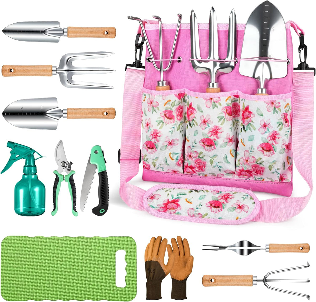 Gardening Tools Set, 11-Piece Rust-Proof Kit with Bag, Pink | Steel garden tool sets with canvas bag, Rust resistant kit for outdoor planting, Gardening gifts for women and men