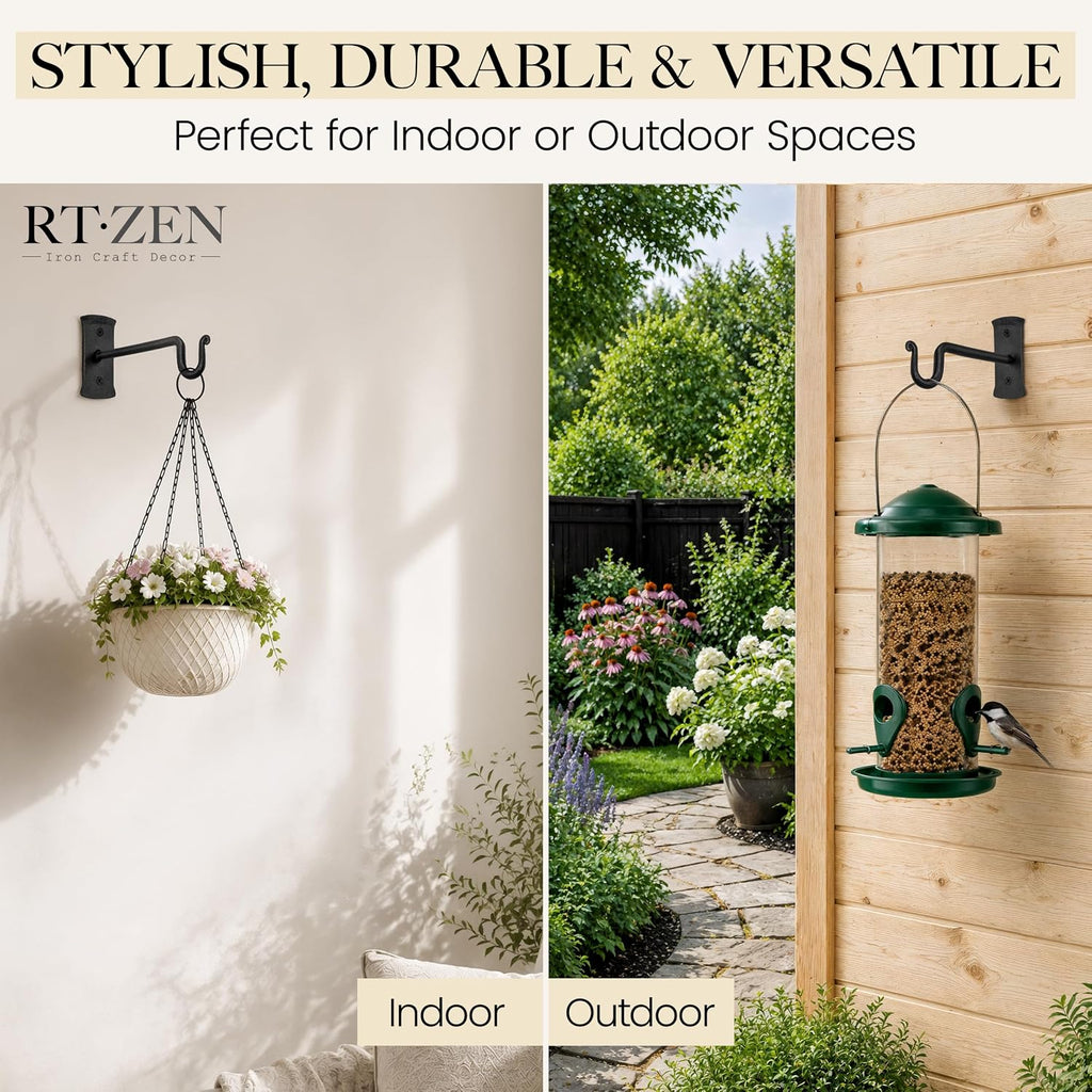 Plant Hangers Outdoor or Indoor Heavy Duty Wall Bracket Hooks | Wrought Iron Metal Hanger Indoor Hook for Hanging Plants Baskets Lanterns Bird Feeders - 2 Pack (Black Shepherds Hooks 7.5") - view 4