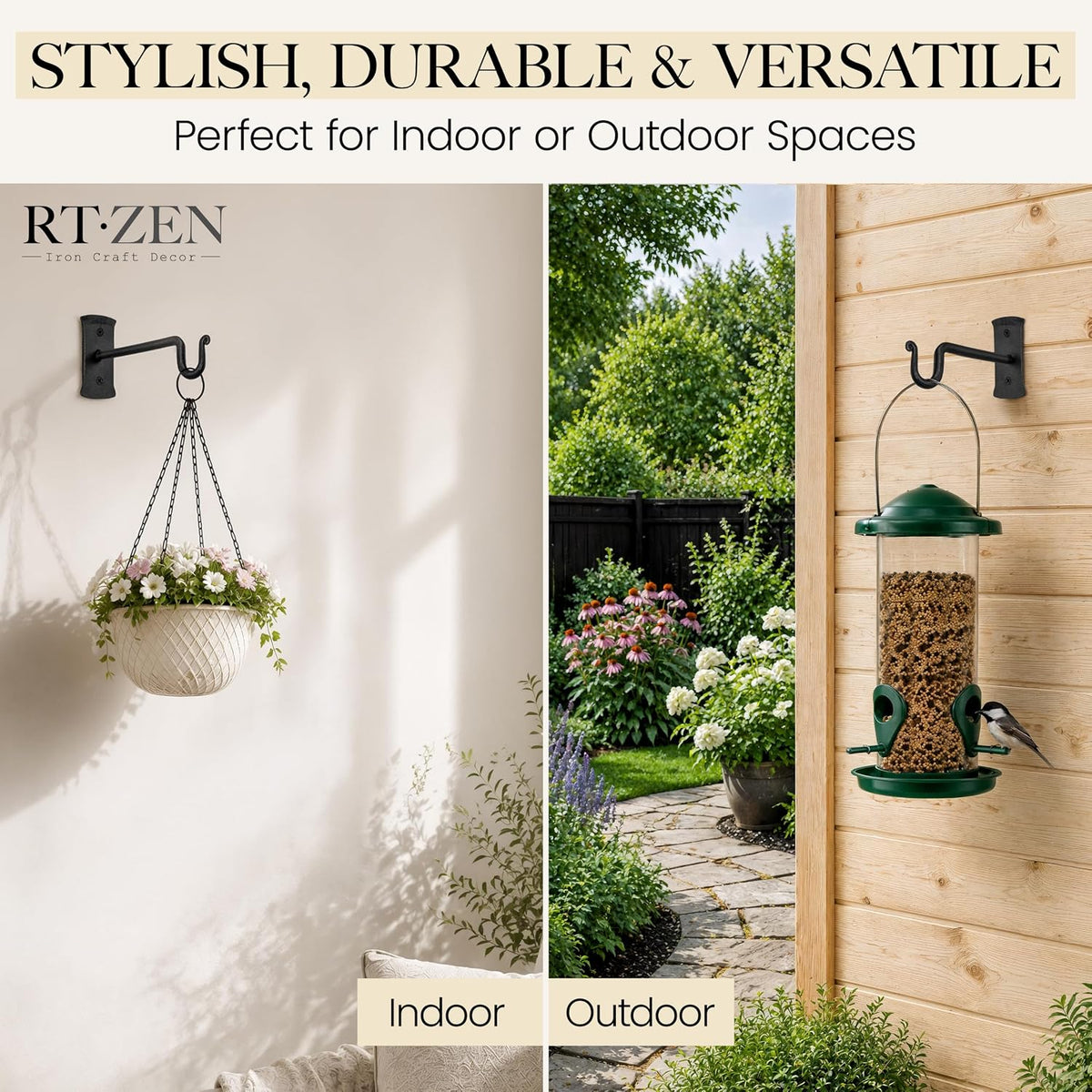 Plant Hangers Outdoor or Indoor Heavy Duty Wall Bracket Hooks | Wrought Iron Metal Hanger Indoor Hook for Hanging Plants Baskets Lanterns Bird Feeders - 2 Pack (Black Shepherds Hooks 7.5") - view 4