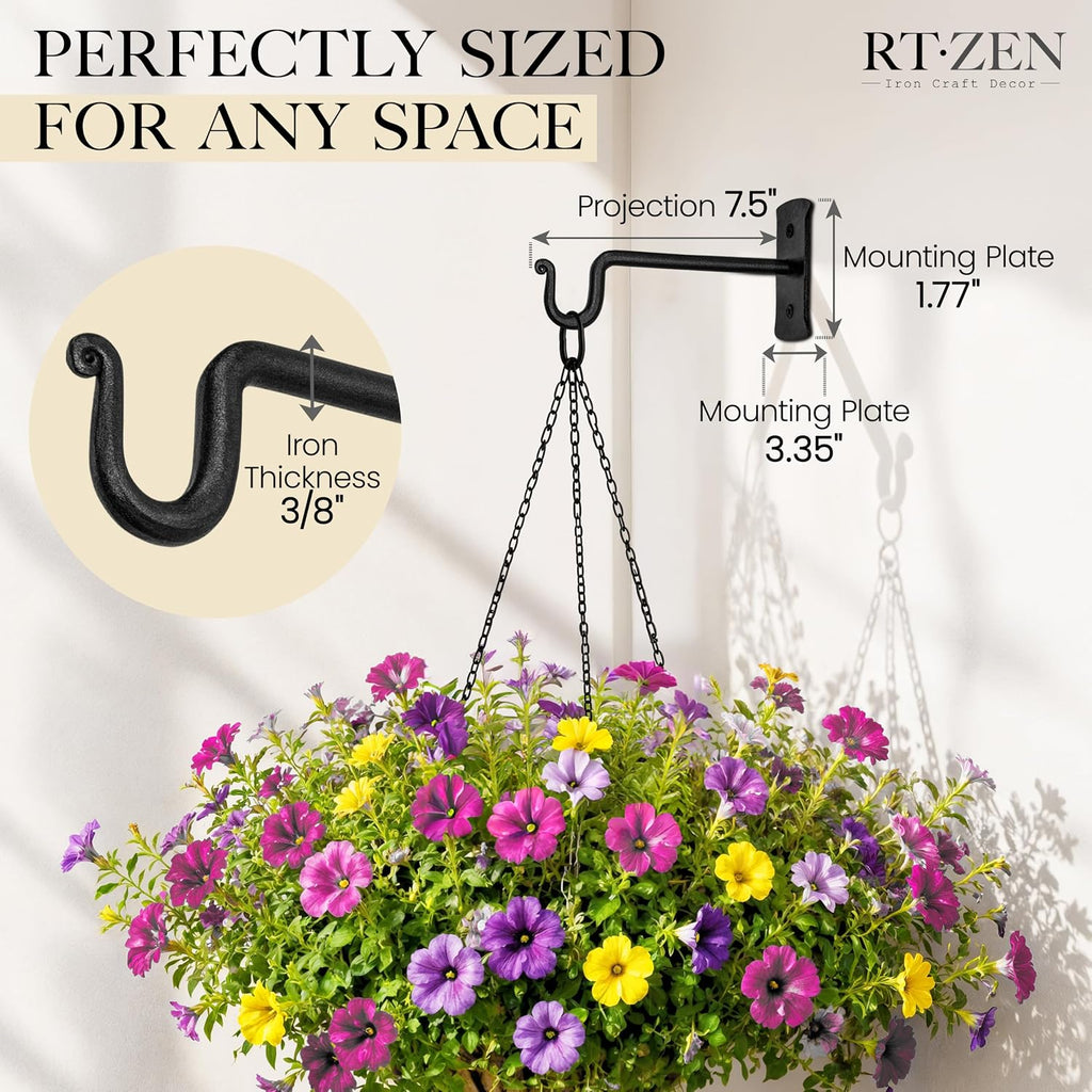 Plant Hangers Outdoor or Indoor Heavy Duty Wall Bracket Hooks | Wrought Iron Metal Hanger Indoor Hook for Hanging Plants Baskets Lanterns Bird Feeders - 2 Pack (Black Shepherds Hooks 7.5") - view 2