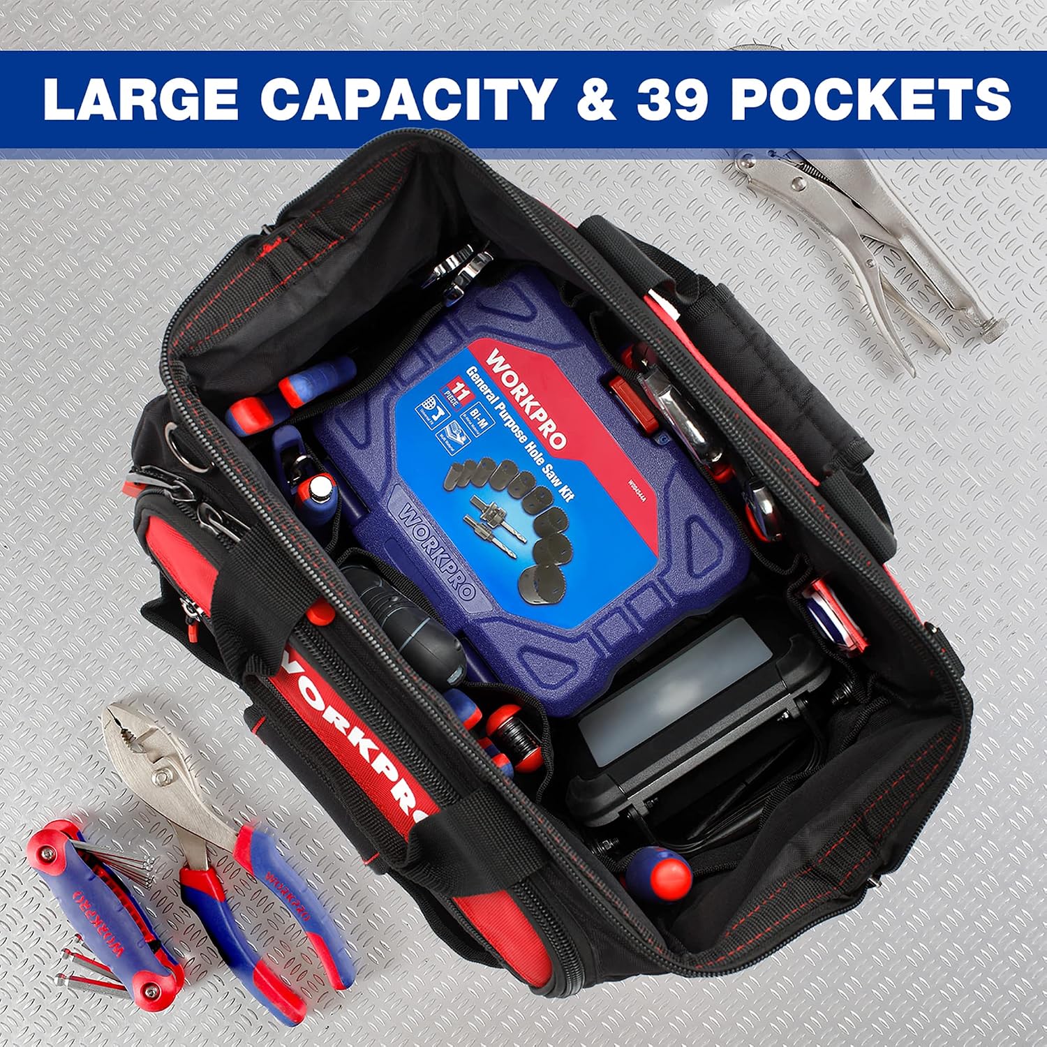 16" Top Wide Mouth Tool Bag with Water Proof Rubber Base, Multi-Compartment, 46 Pockets, For Tool Organizer & Storage, W081122A - view 5