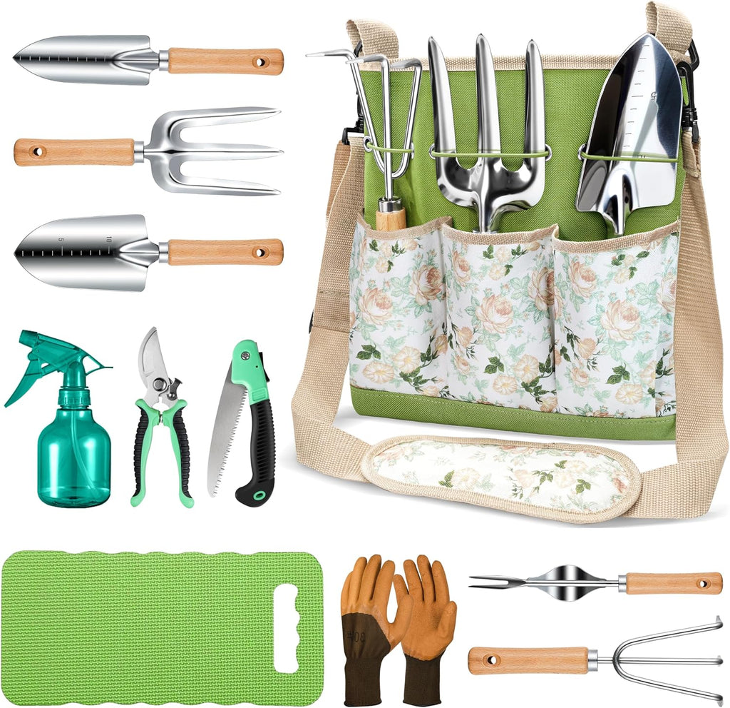 Gardening Tools Set, 11-Piece Rust-Proof Kit with Bag, Pink | Steel garden tool sets with canvas bag, Rust resistant kit for outdoor planting, Gardening gifts for women and men - view 7