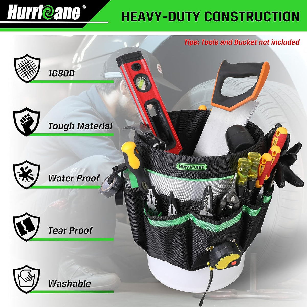5 Gallon Bucket Tool Bag Organizer, Garden Tool Caddy with 52 Pockets, Waterproof for Most Buckets - view 2
