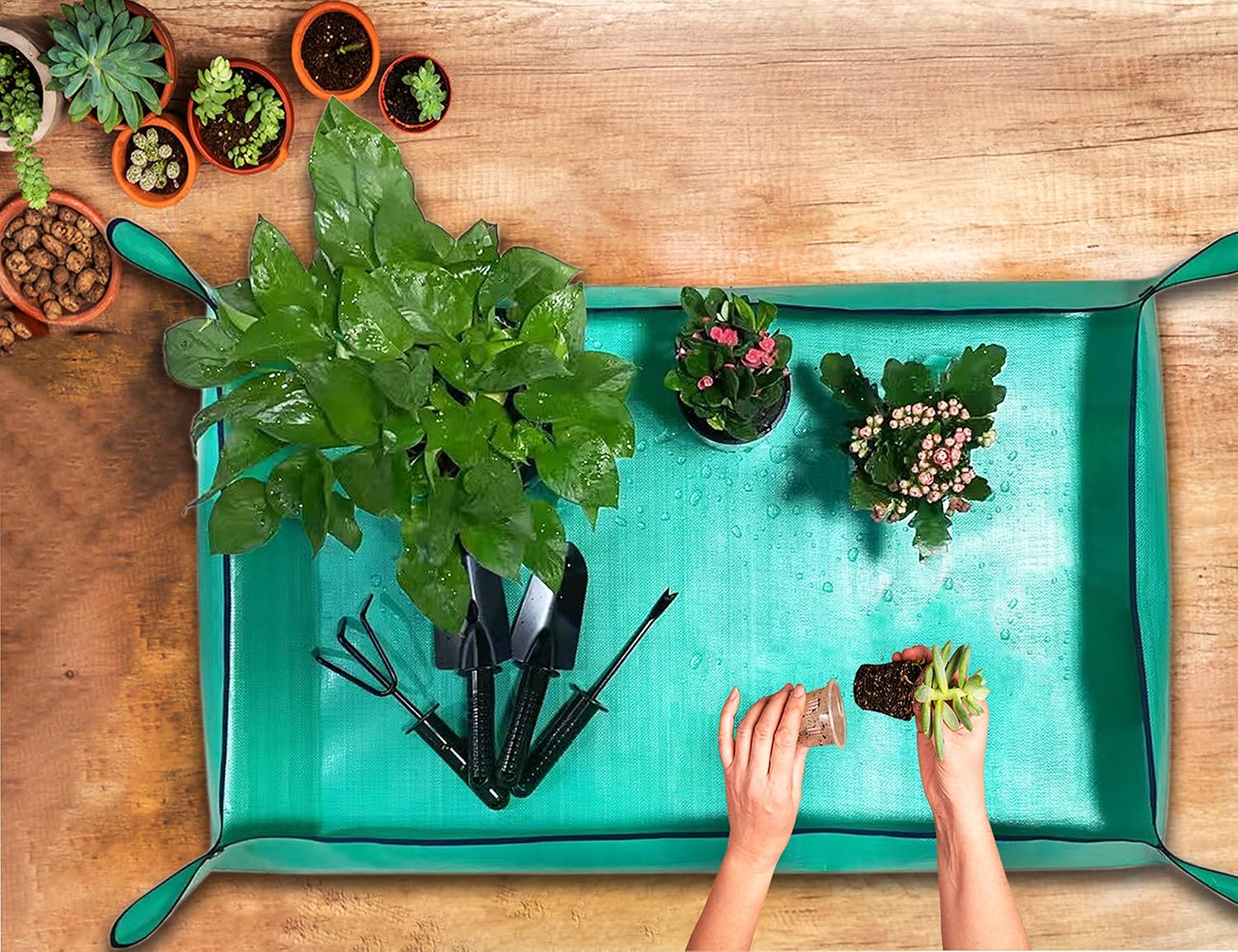 2 pcs plant repotting mat for indoor plants, 43" x 29" thickened foldable waterproof plant potting tray and mess control, portable potting mat gardening tray for house plants succulents, extra large - view 3